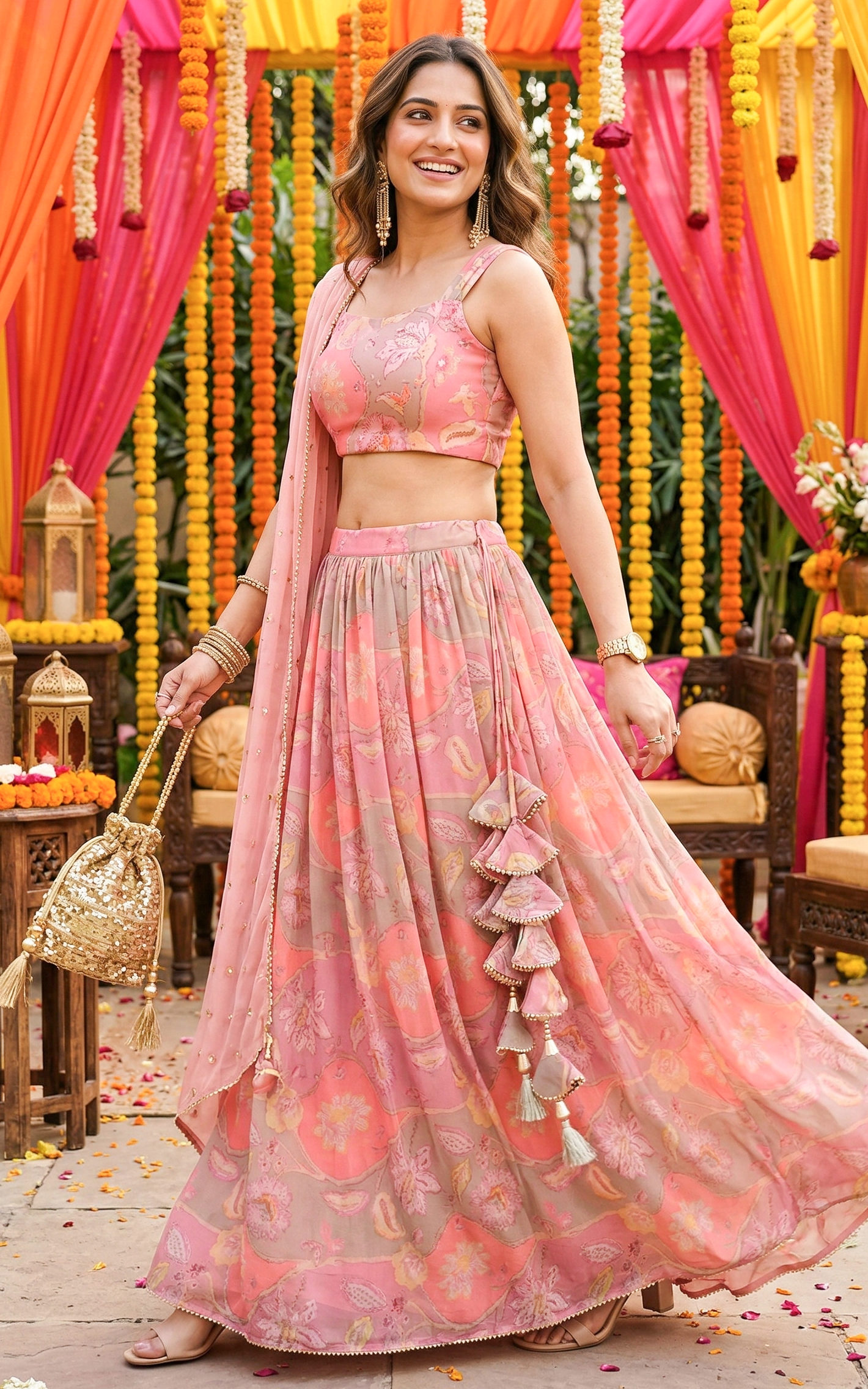 Noopur Vintage Pink Handwork Printed Georgette Lehenga with Embellished Belt