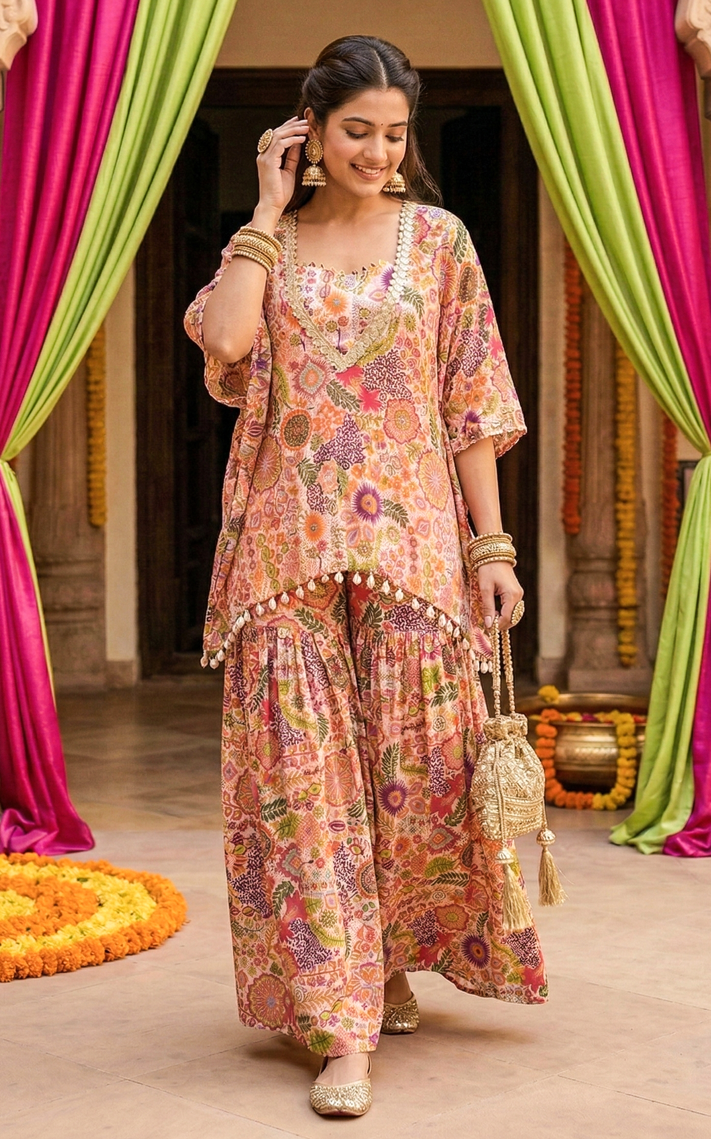 White Kitschy Print Crop Top and Sharara Set