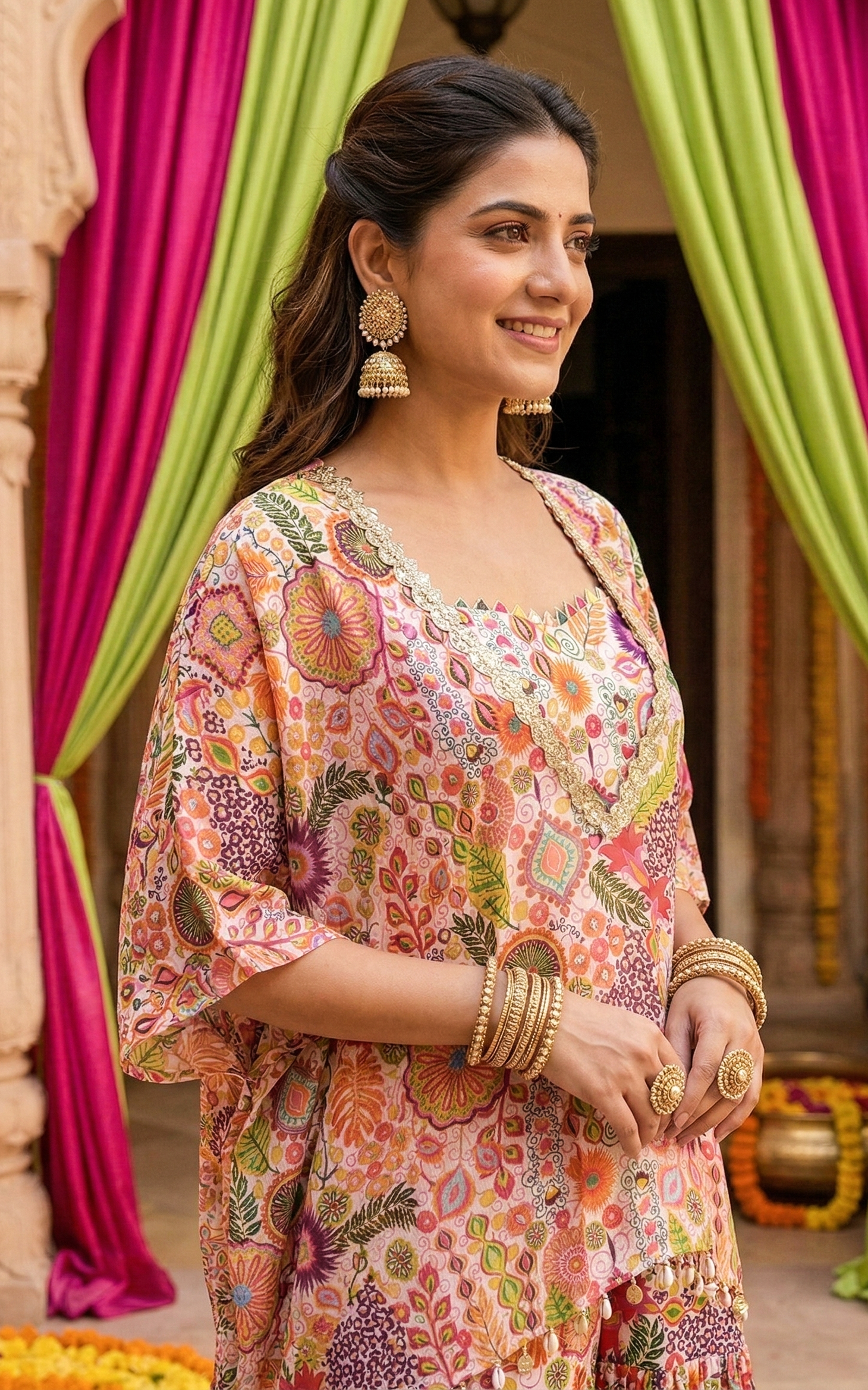 White Kitschy Print Crop Top and Sharara Set