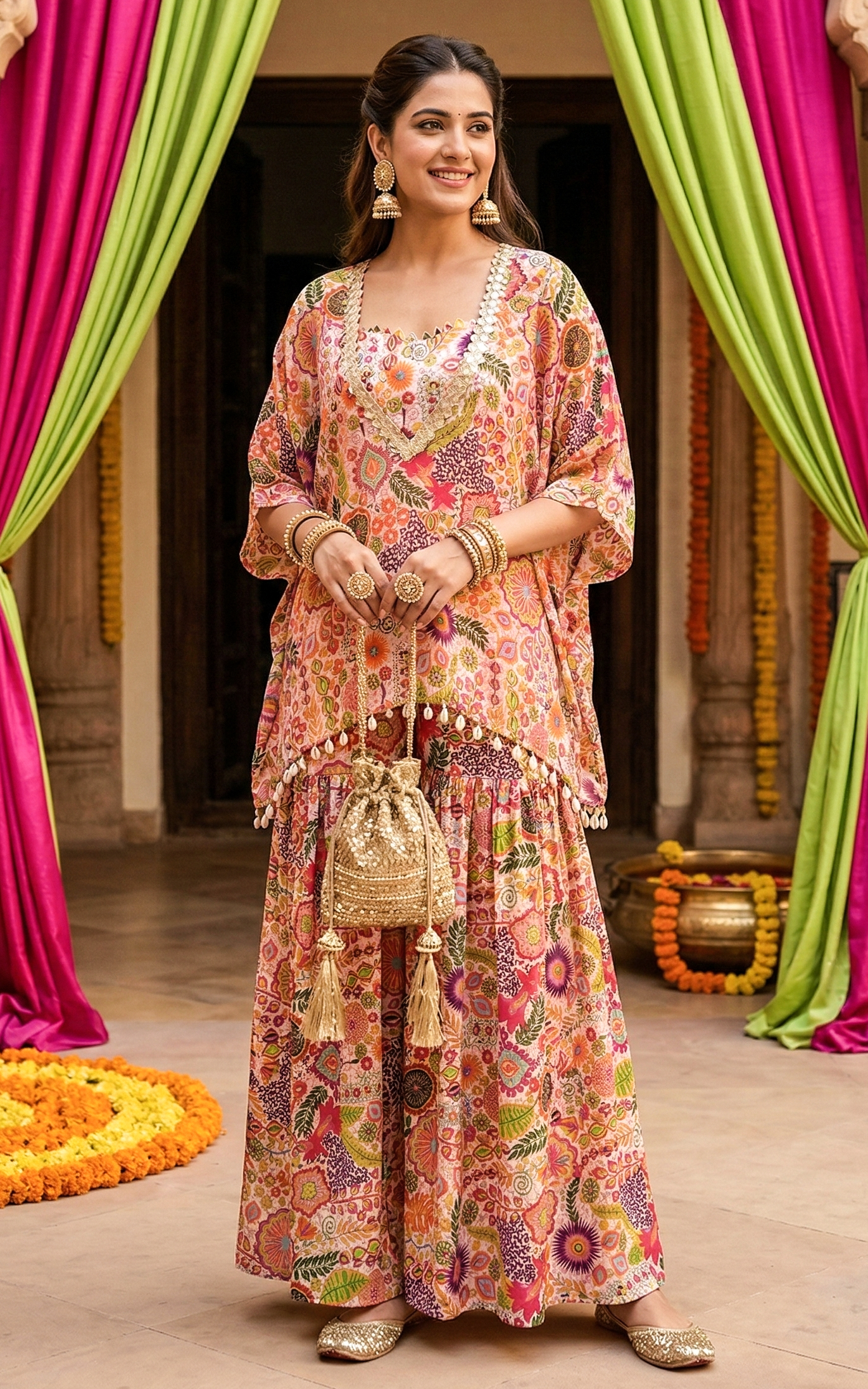 White Kitschy Print Crop Top and Sharara Set