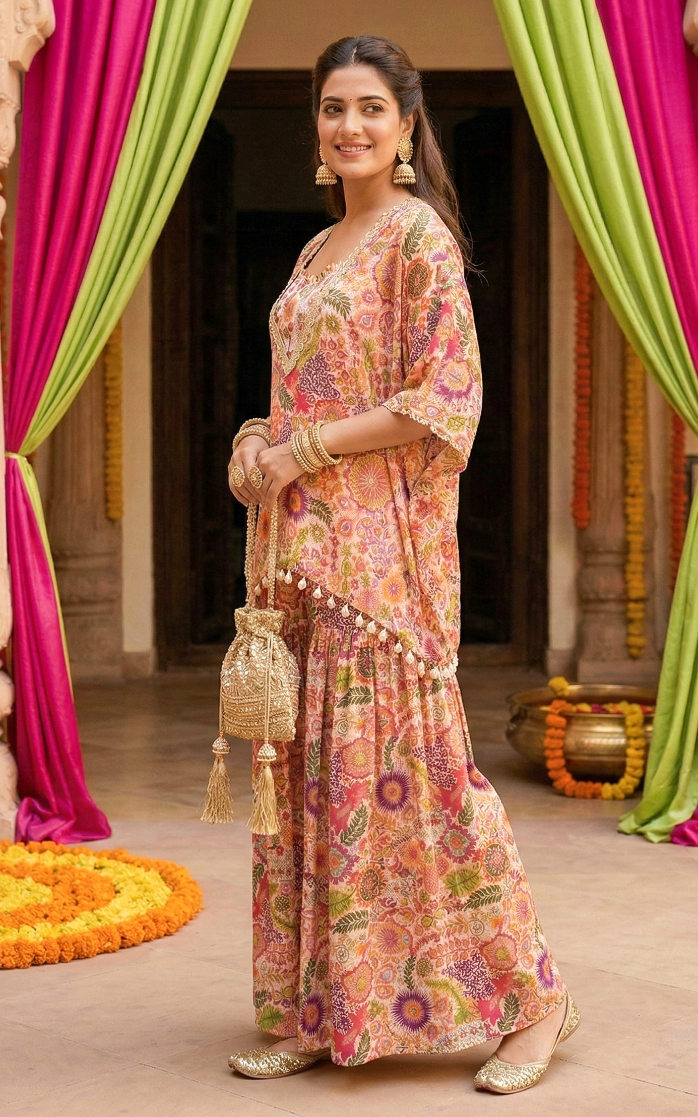 White Kitschy Print Crop Top and Sharara Set