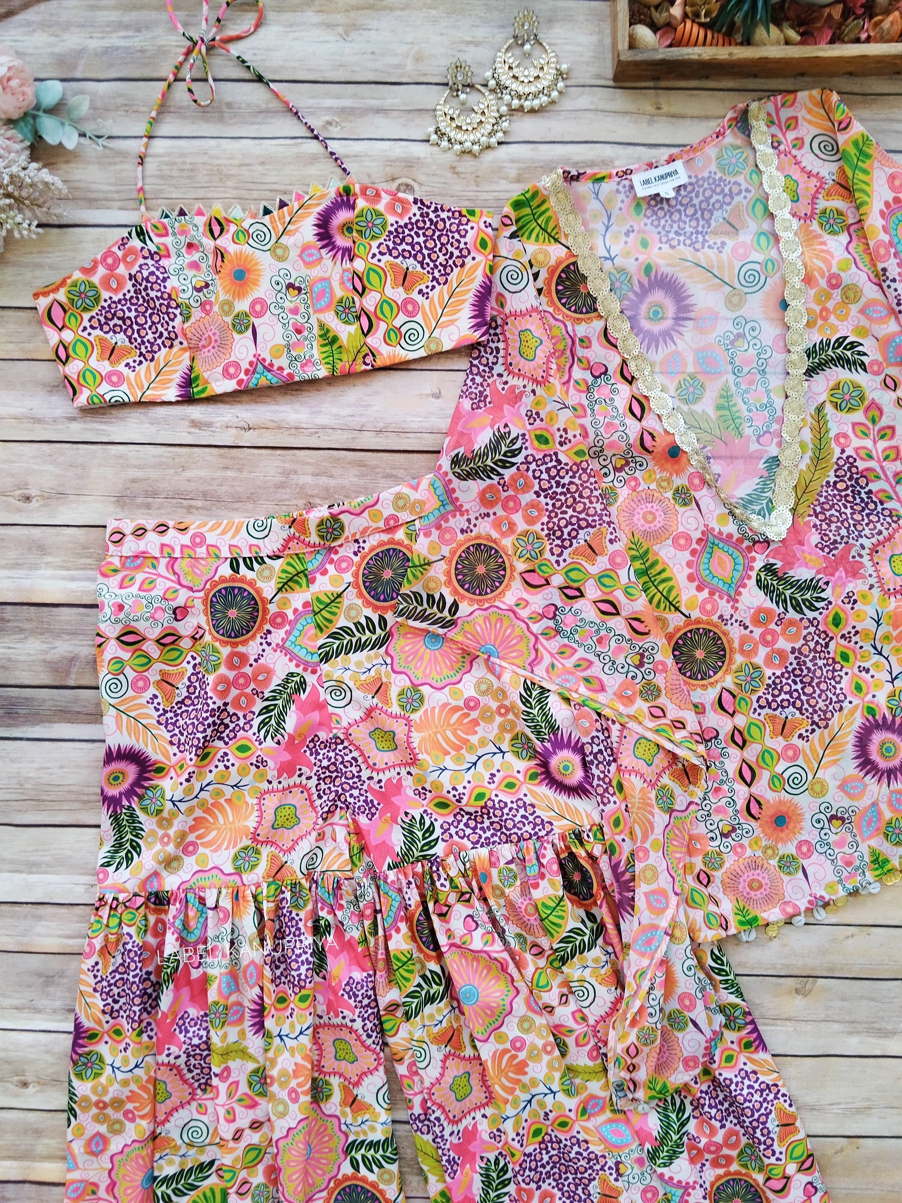 White Kitschy Print Crop Top and Sharara Set