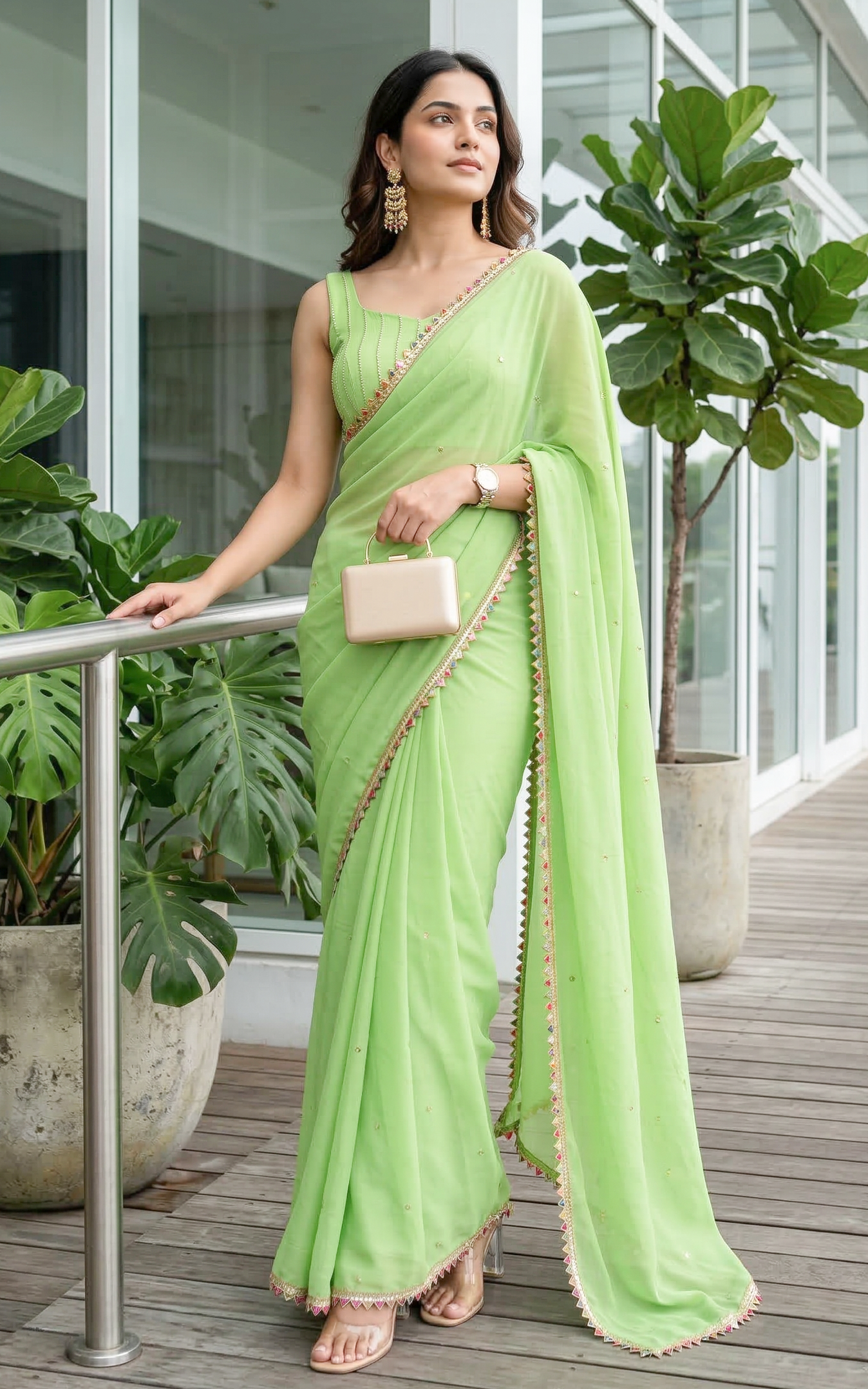 Green Sequinwork Satin Organza Saree