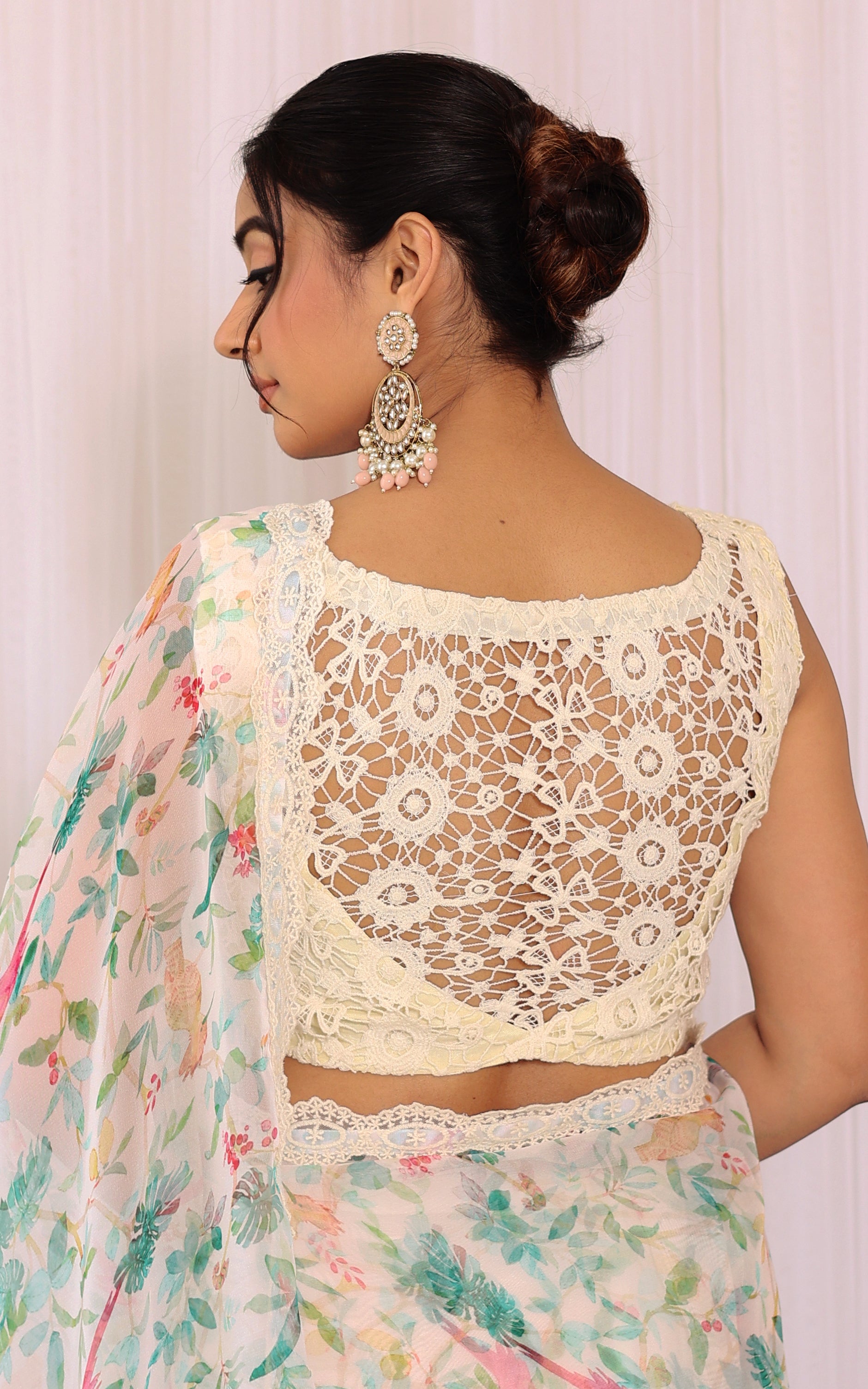 Off-white Bird Printed Georgette Saree