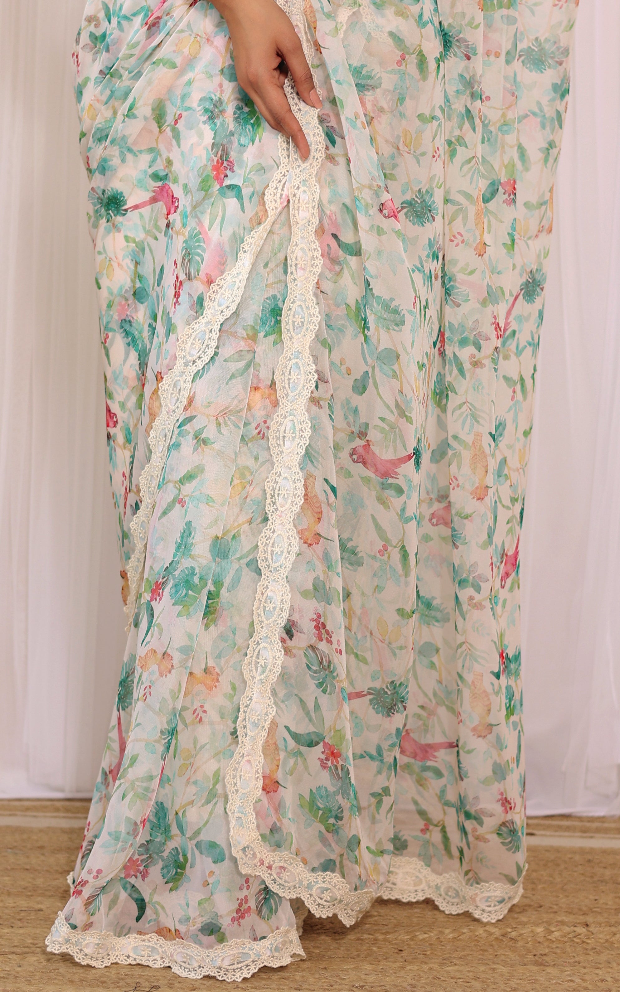 Off-white Bird Printed Georgette Saree