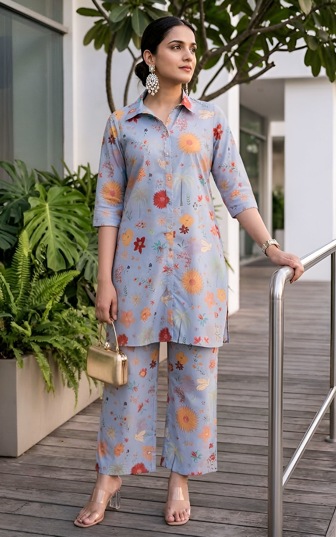 Grey Tropical Printed Crepe Co-Ord Set