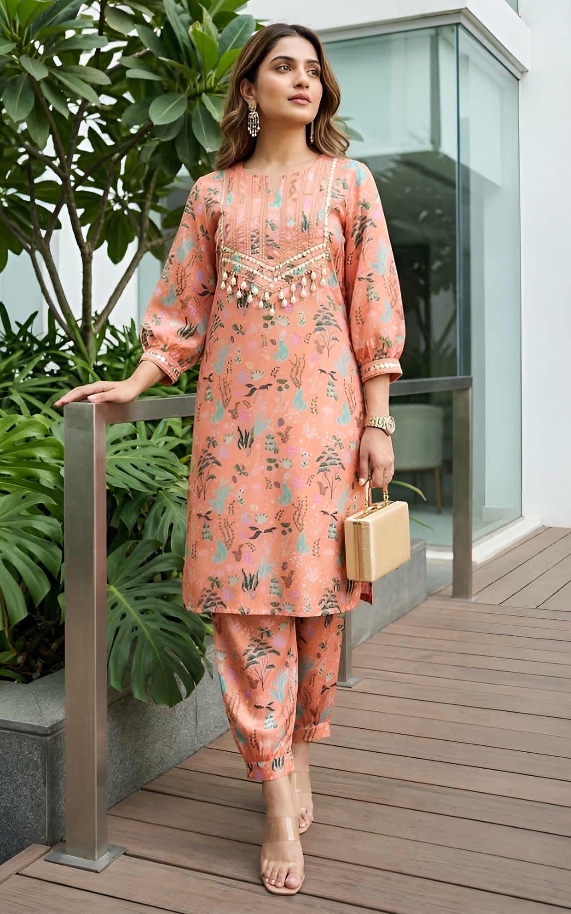 Orange Aquatic Print Kurta Pant Co-ord Set