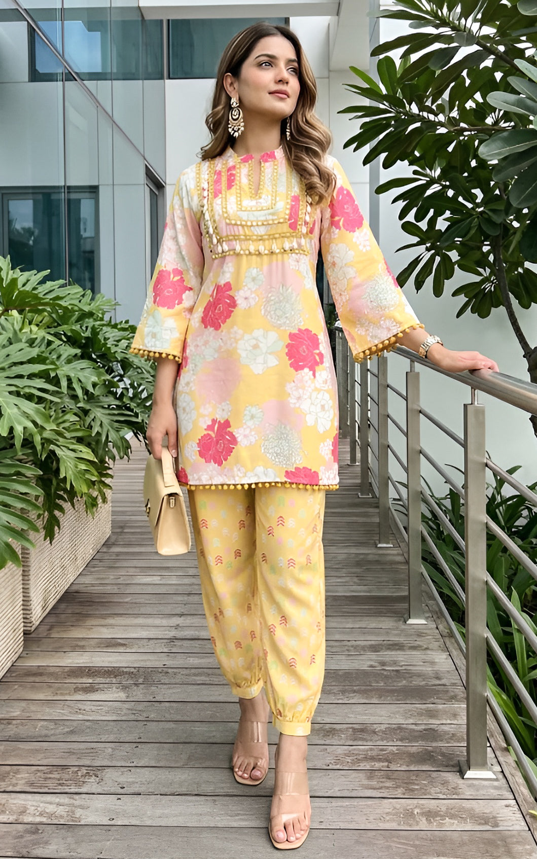 Yellow Printed Mirrorwork Co-ord Set
