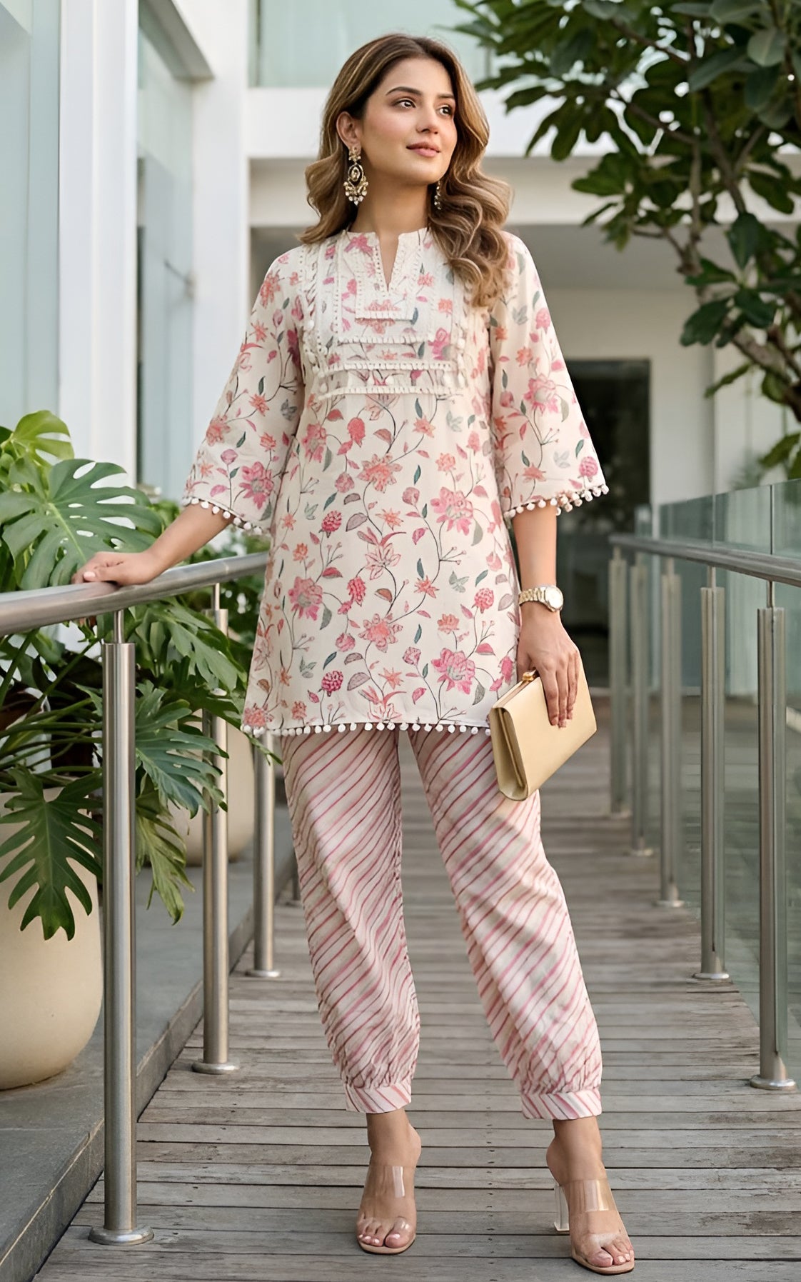 Off-White Vintage Print Mirrorwork Kurta Set