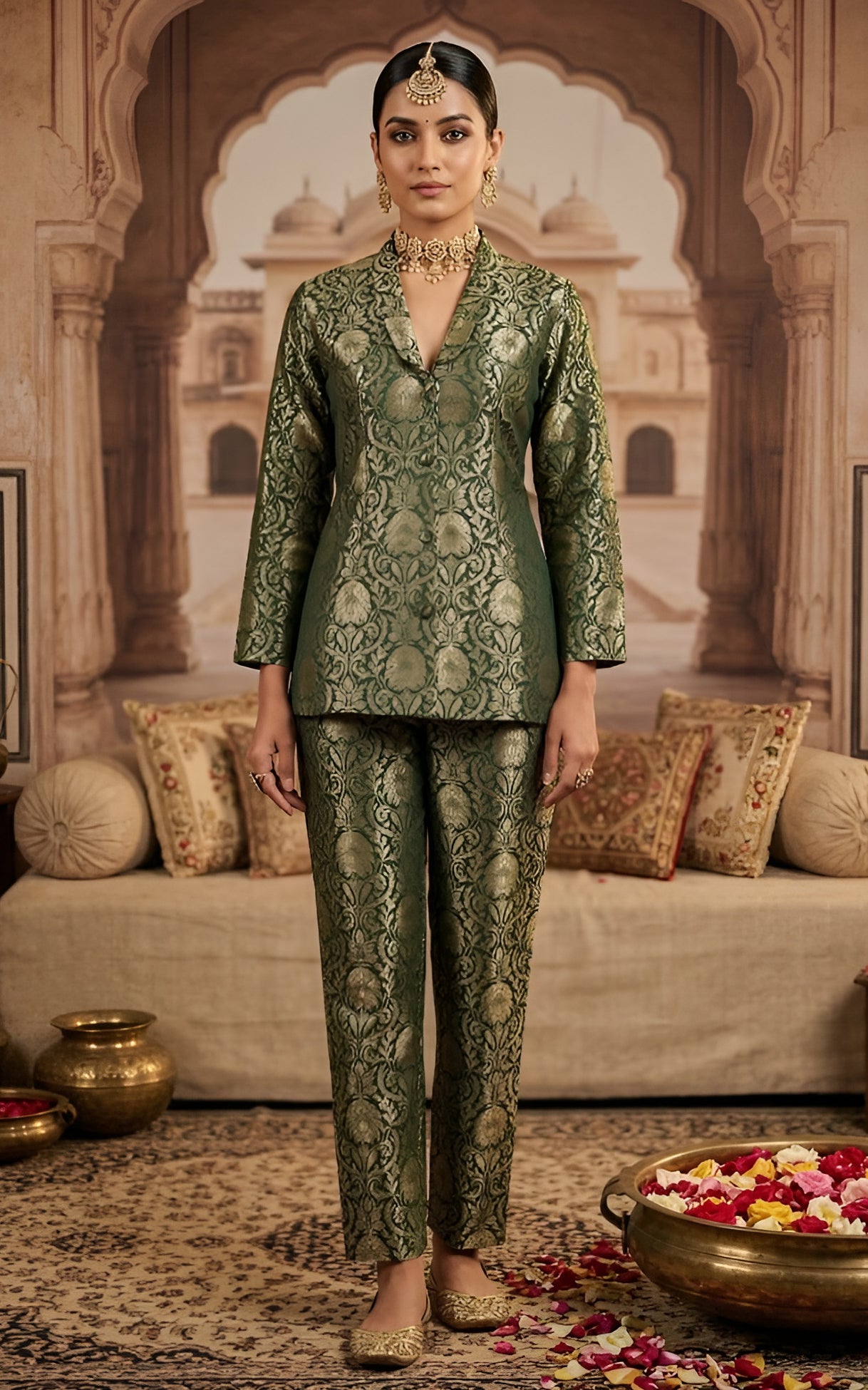 Bottle Green Brocade Pant-Suit Co-ord Set