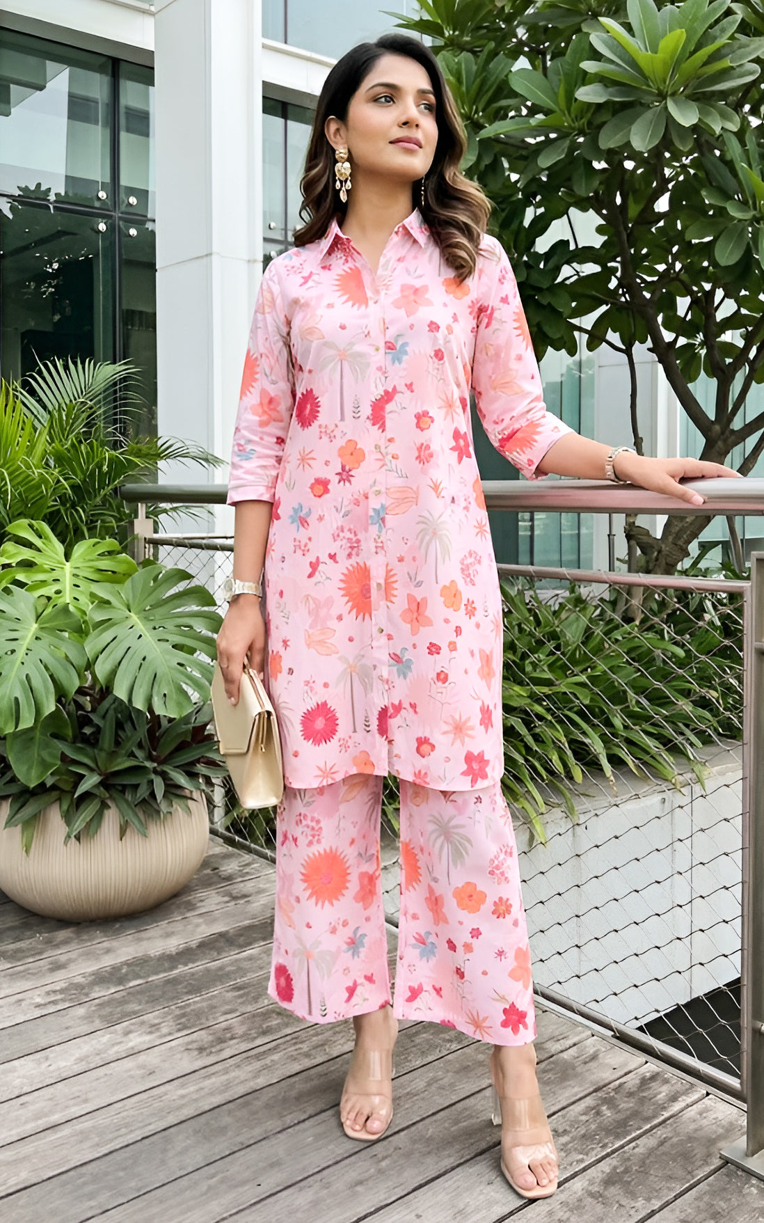 Pink Tropical Print Crepe Co-Ord Set