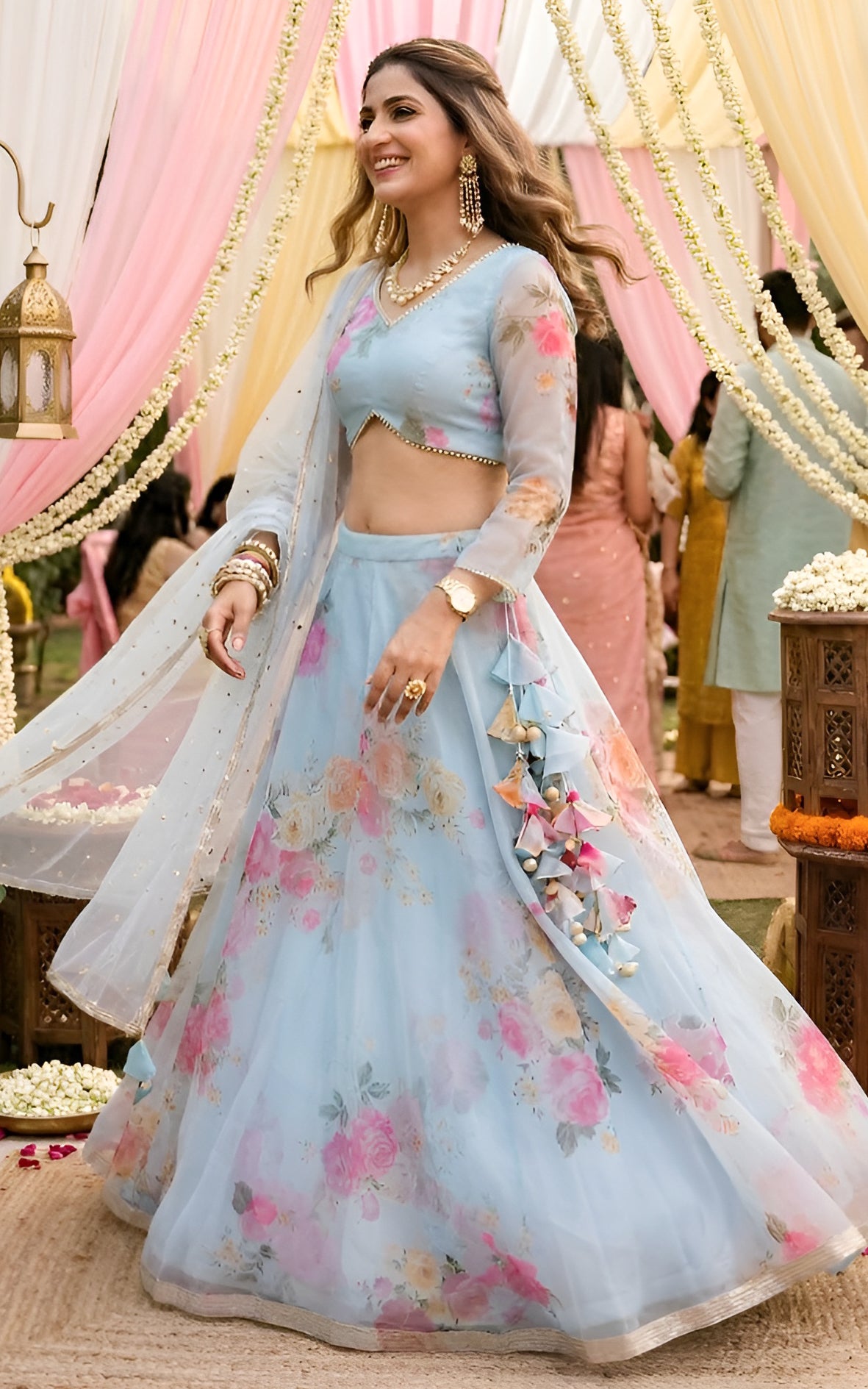 Sky Blue Floral Organza Lehenga