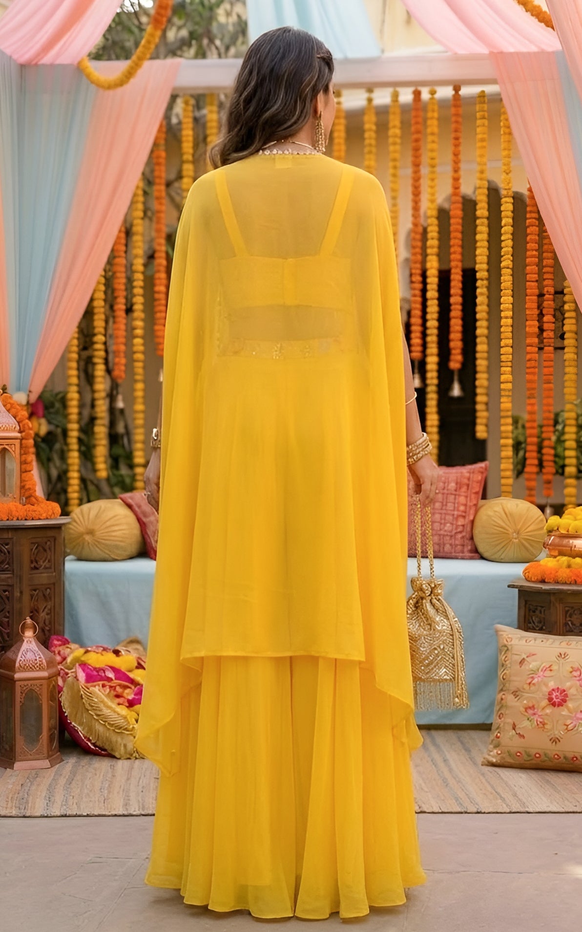 Yellow Embroidered Crop Top Sharara and Cape Set