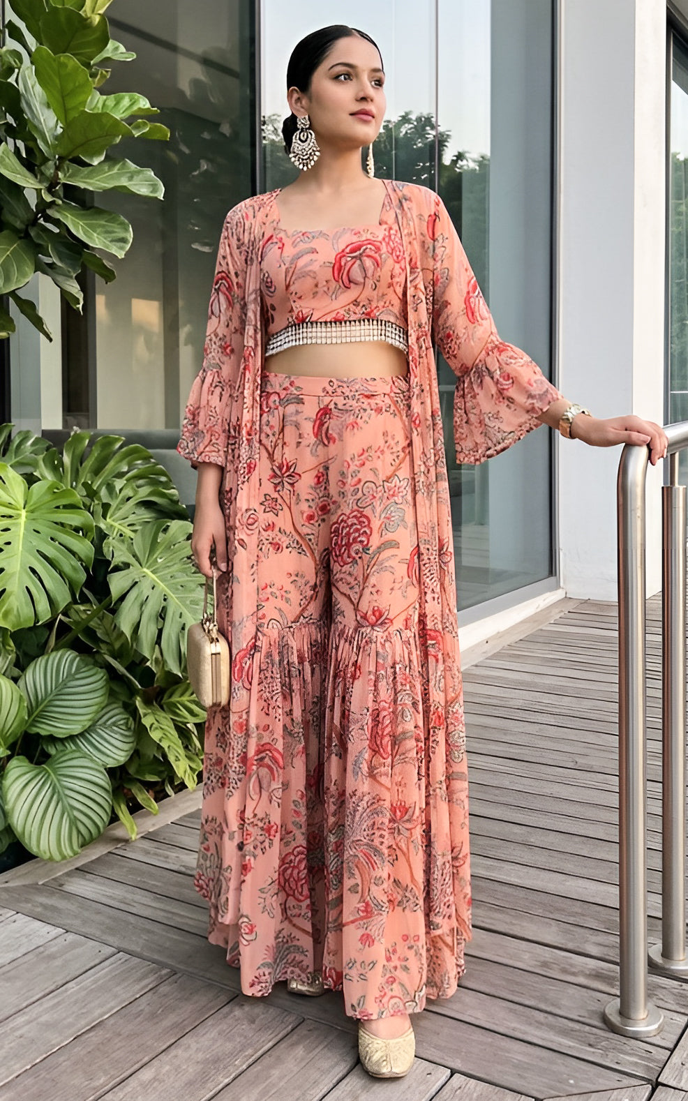 Peach Red Floral Crop-Top & Sharara Set