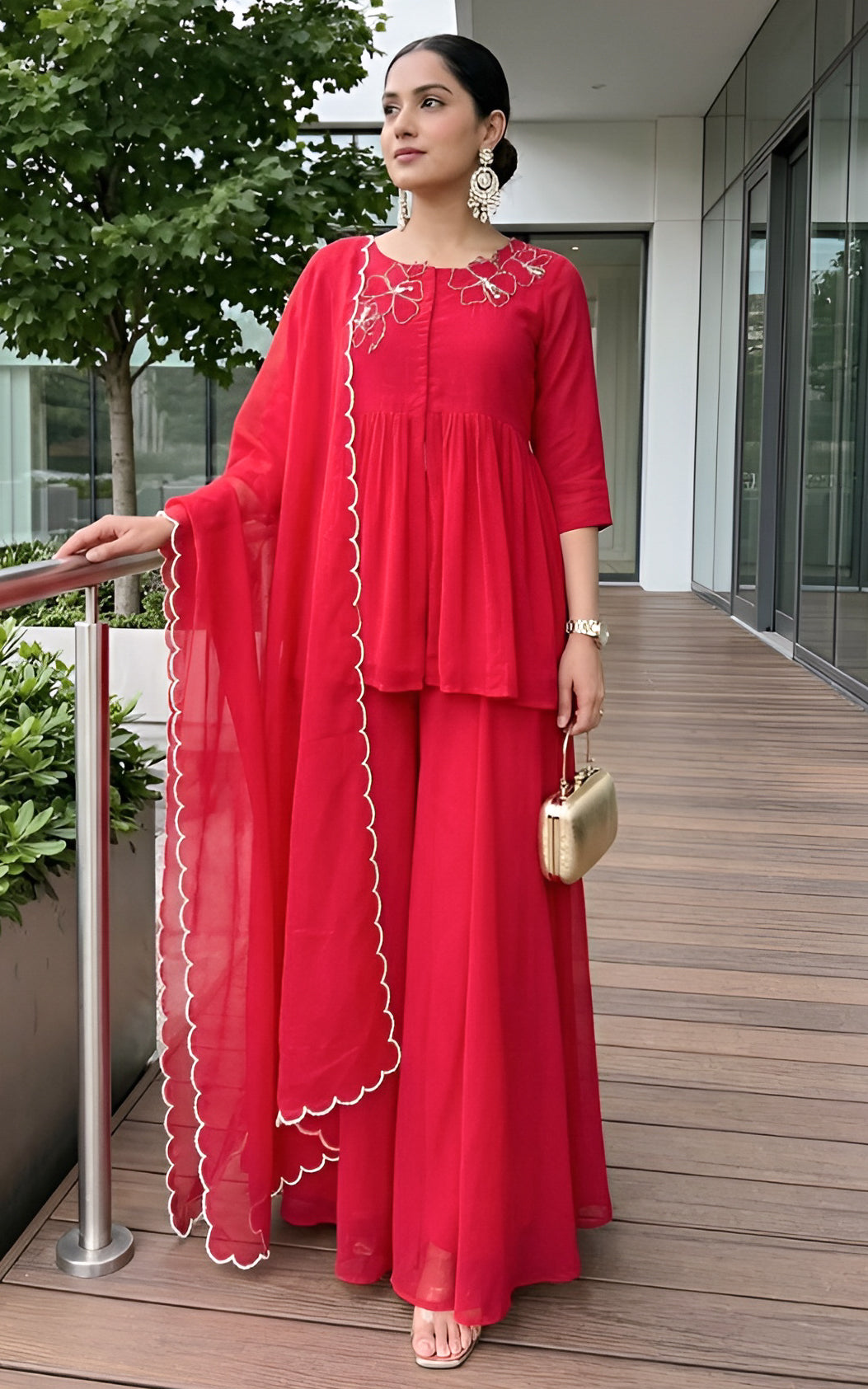 Red Pearl Embroidered Sharara Set