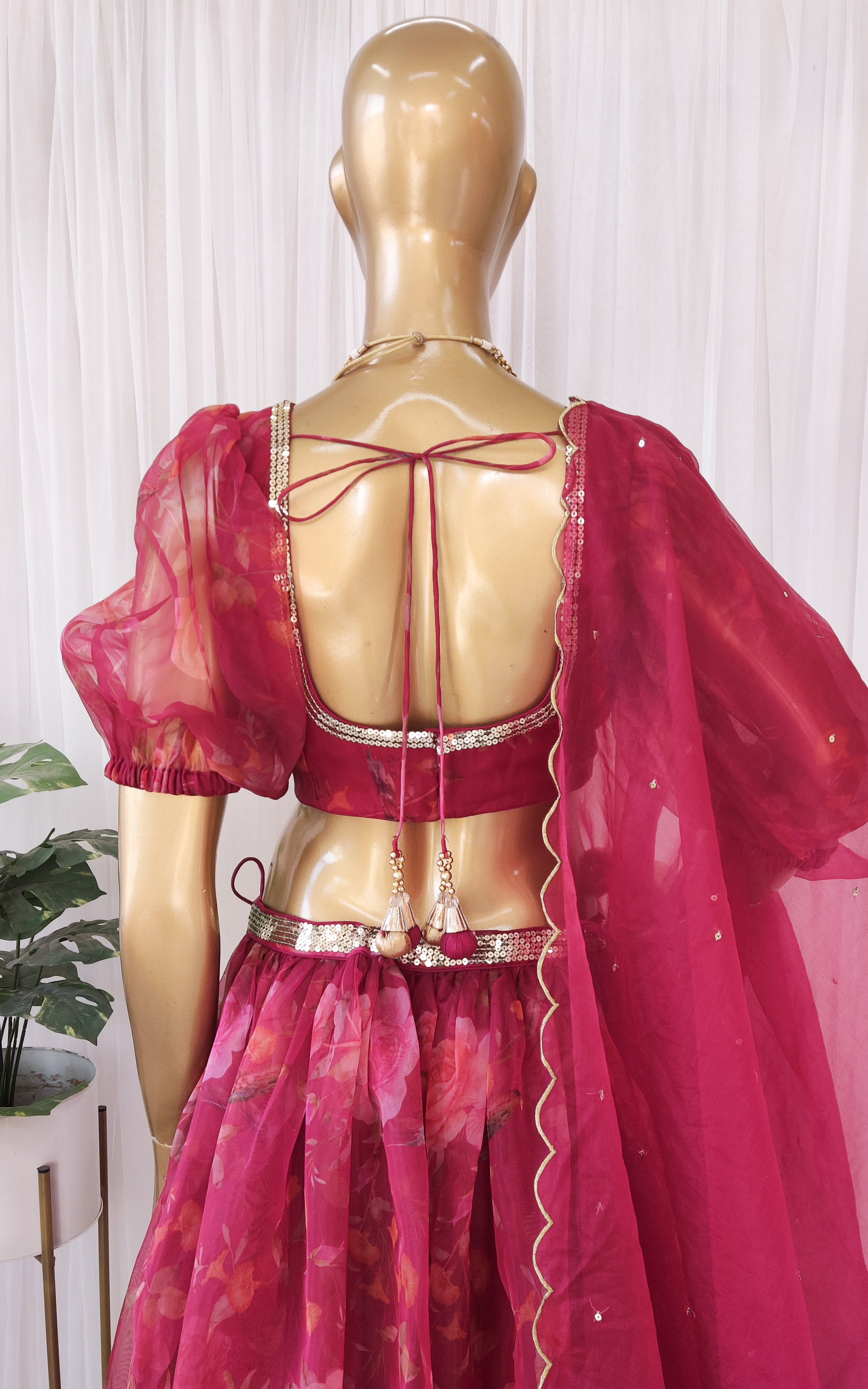 Wine Birdsong Organza Sequin-work Lehenga