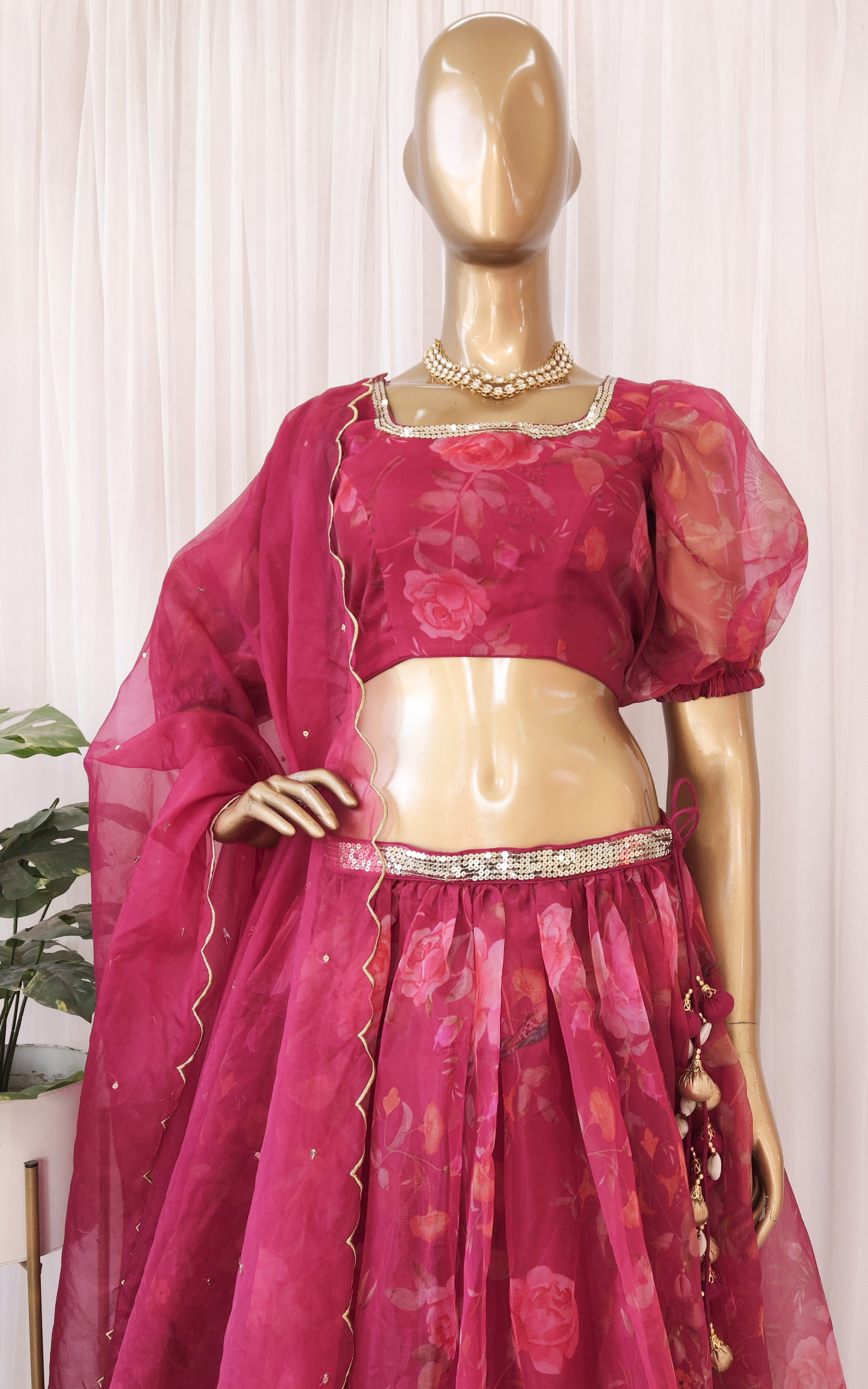 Wine Birdsong Organza Sequin-work Lehenga
