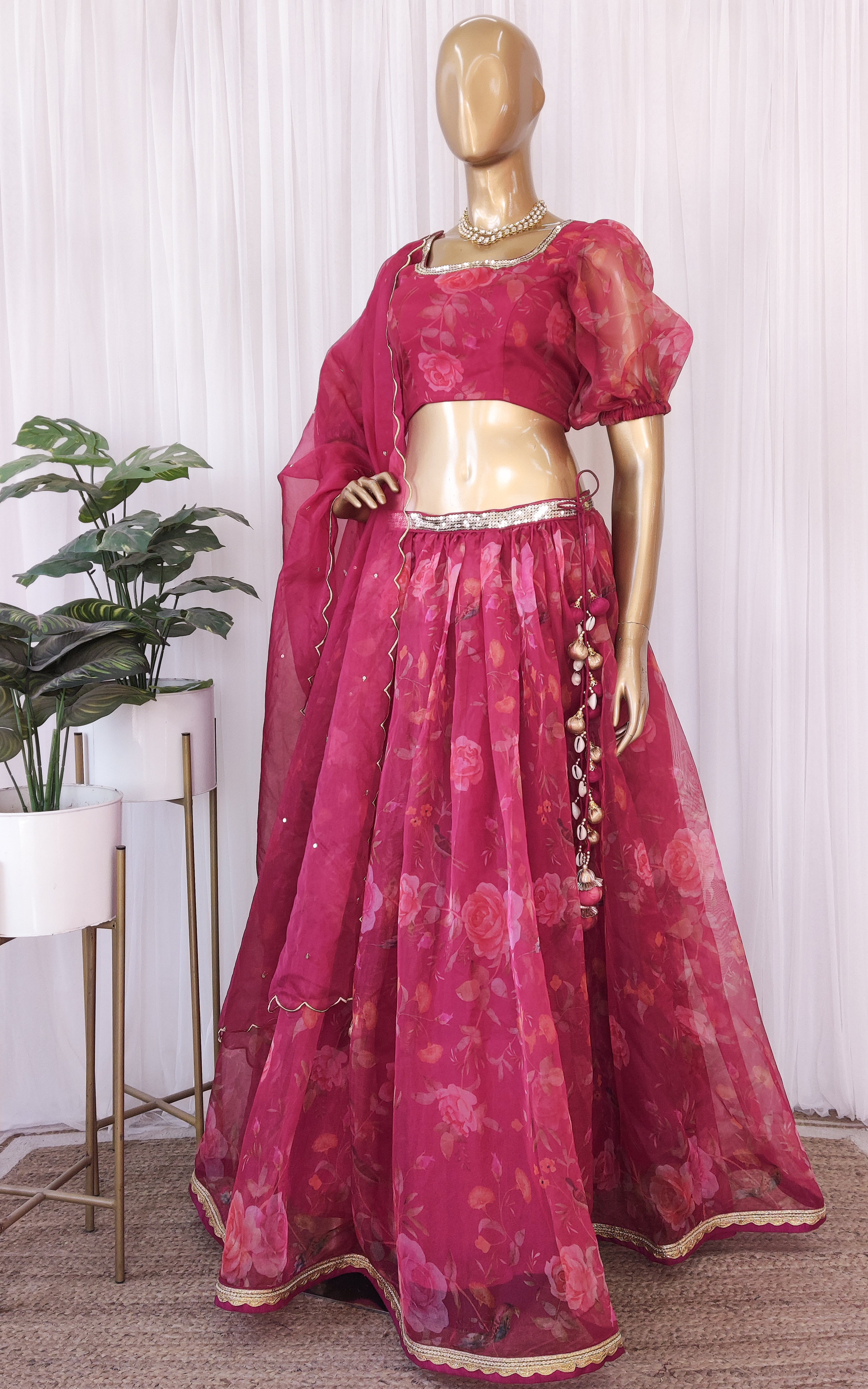 Wine Birdsong Organza Sequin-work Lehenga