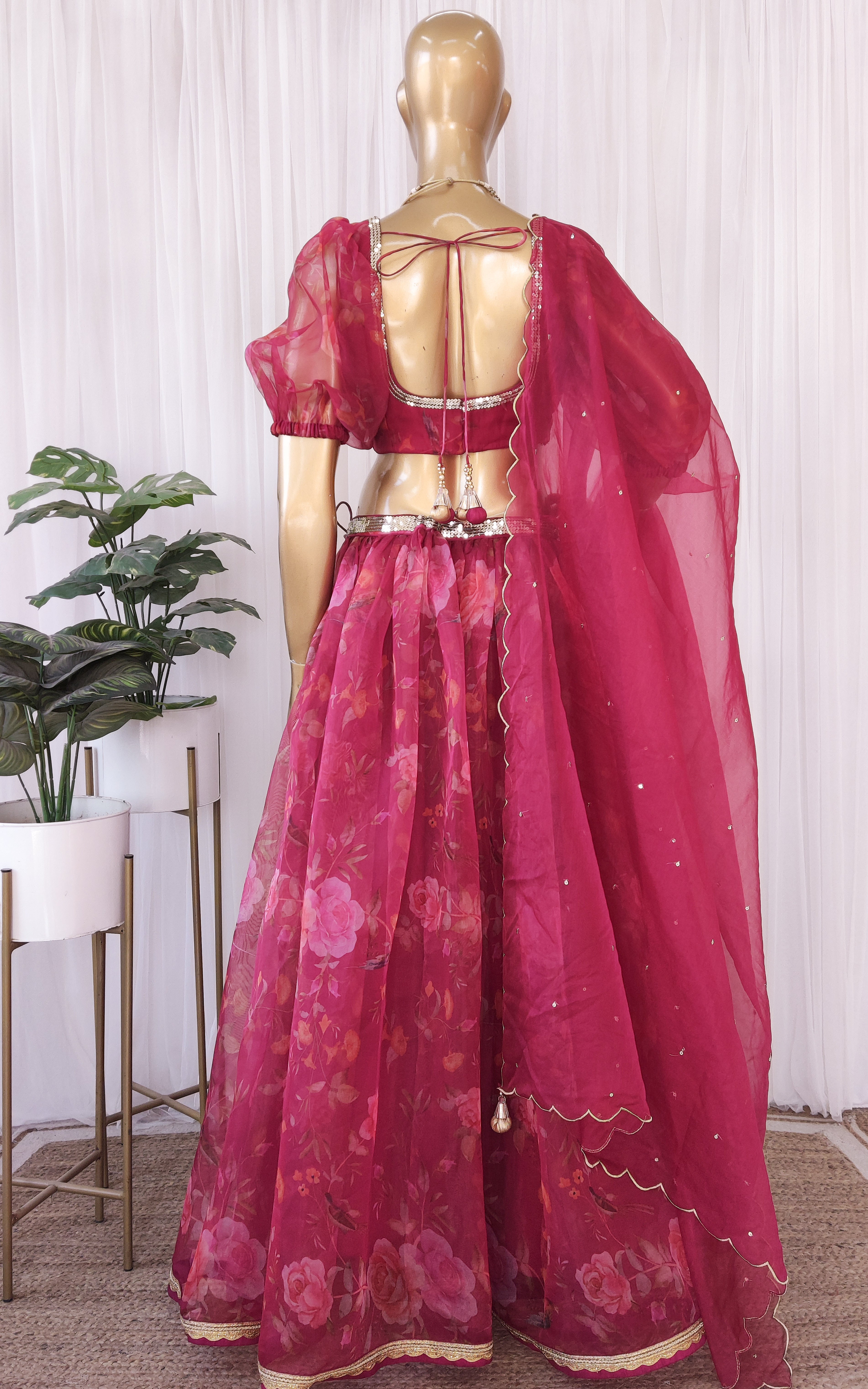 Wine Birdsong Organza Sequin-work Lehenga