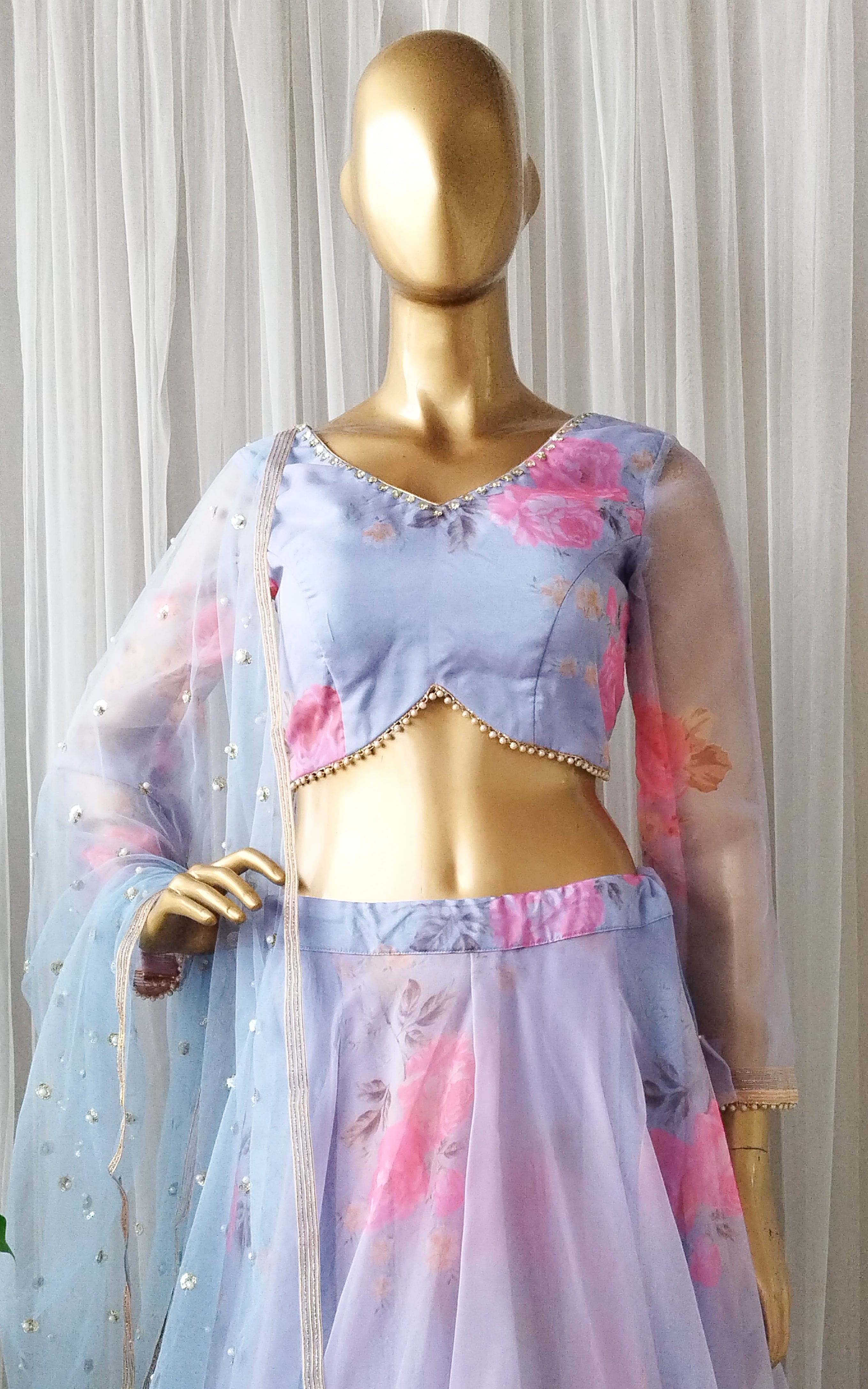 Sky Blue Floral Organza Lehenga