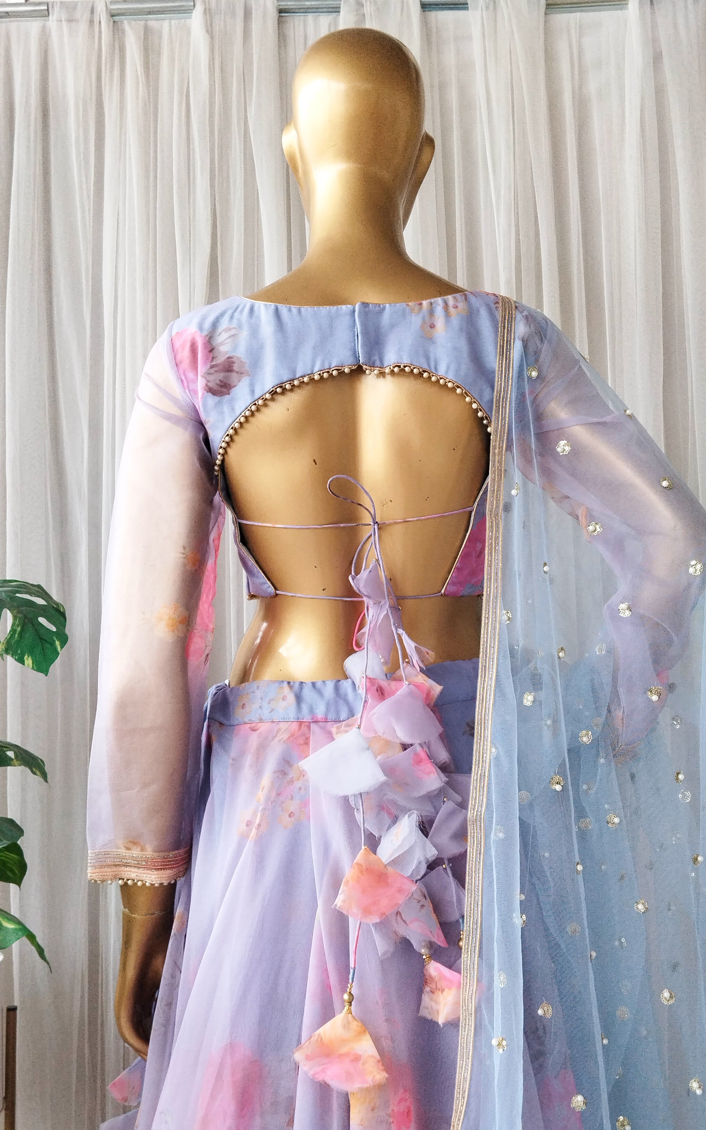 Sky Blue Floral Organza Lehenga