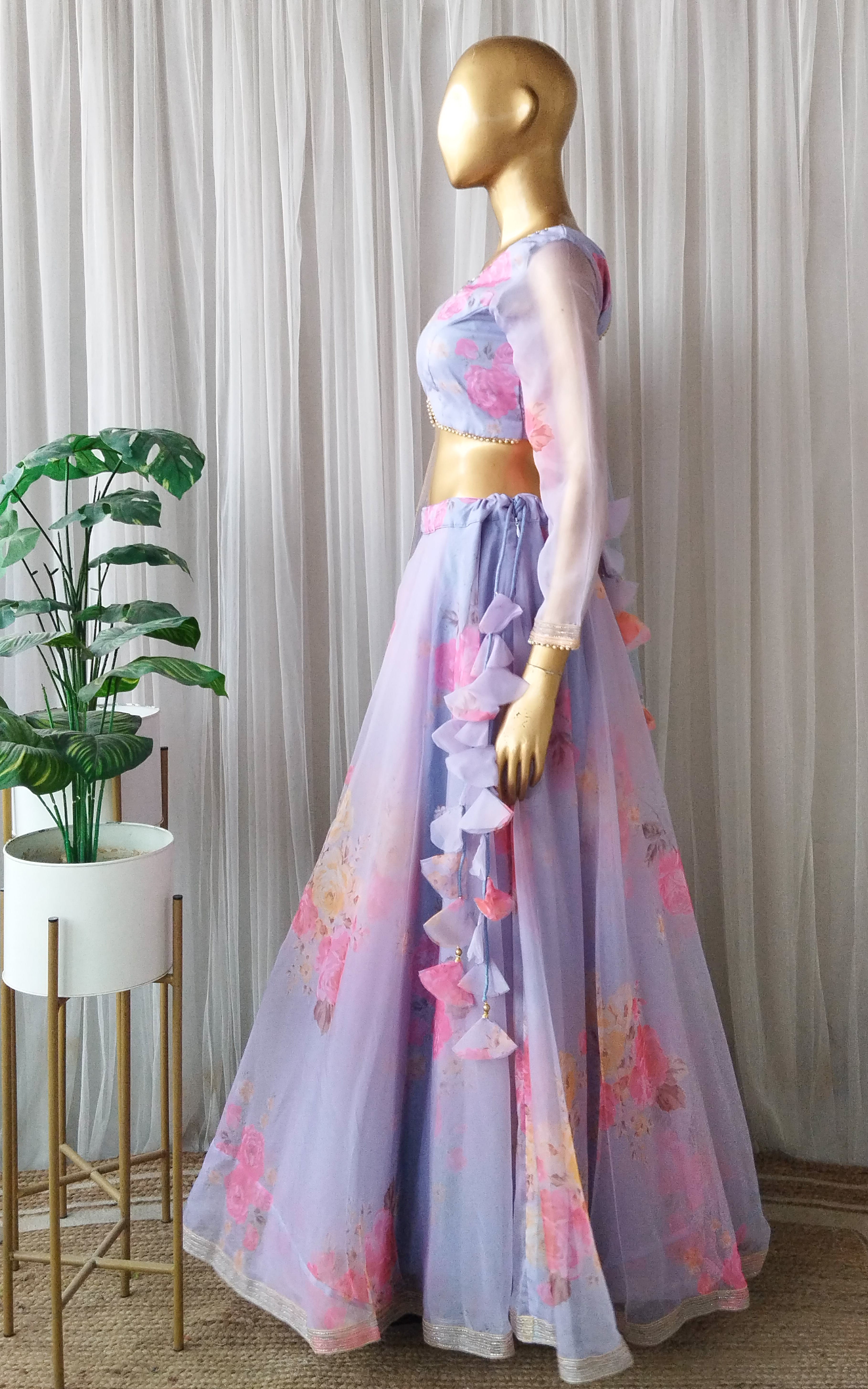 Sky Blue Floral Organza Lehenga