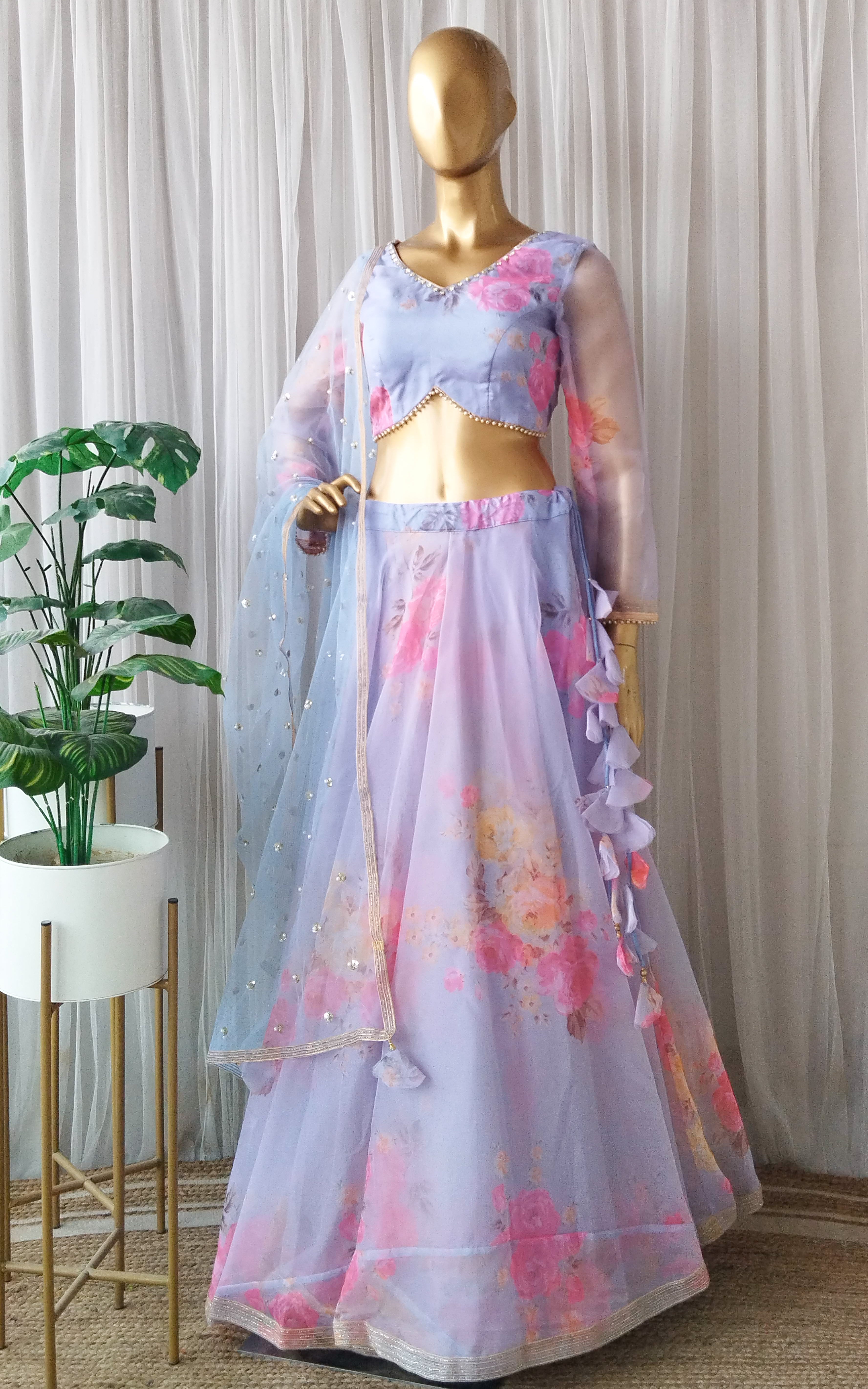 Sky Blue Floral Organza Lehenga