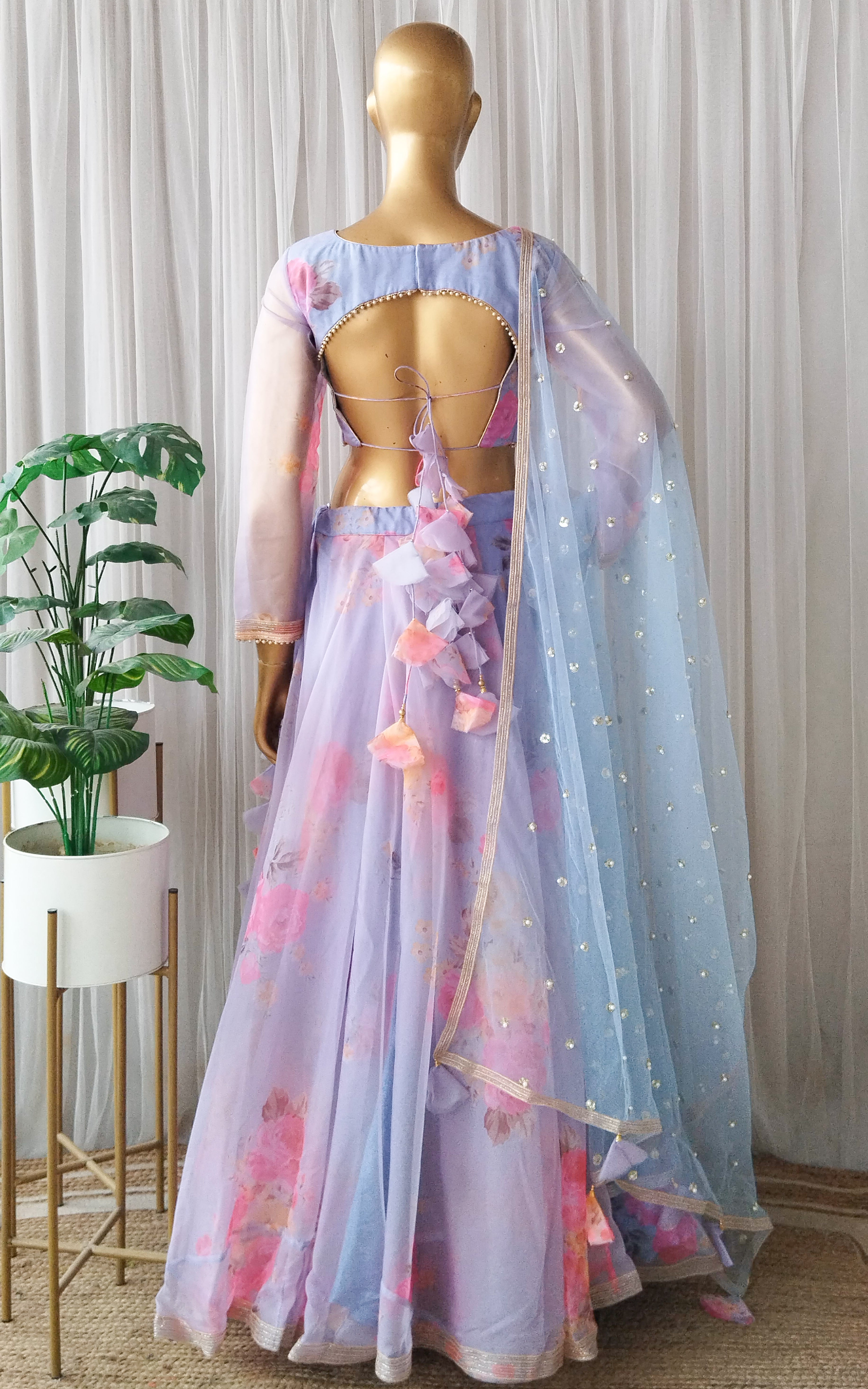 Sky Blue Floral Organza Lehenga