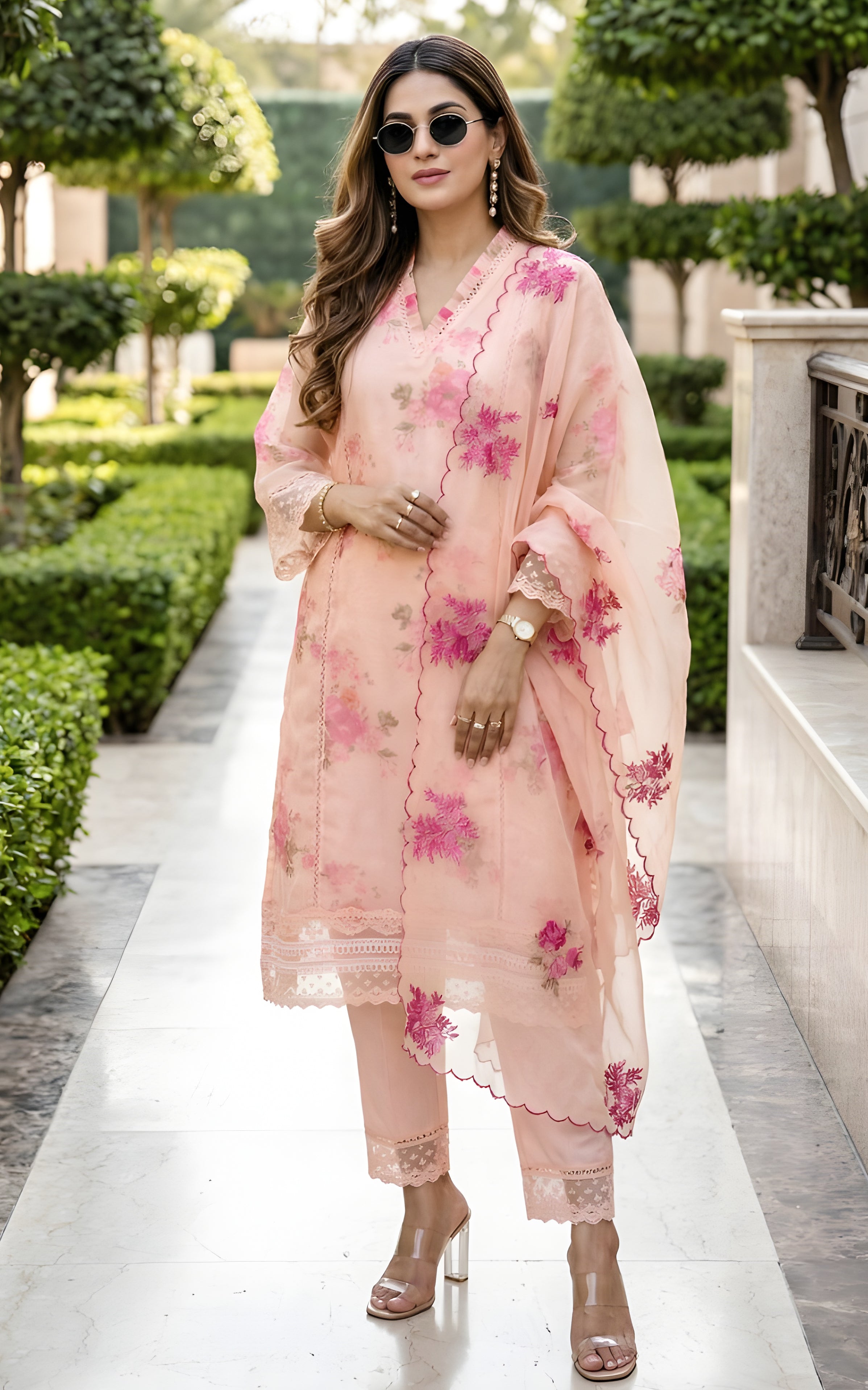 Cream Floral Organza Kurta Set with Embroidered Dupatta