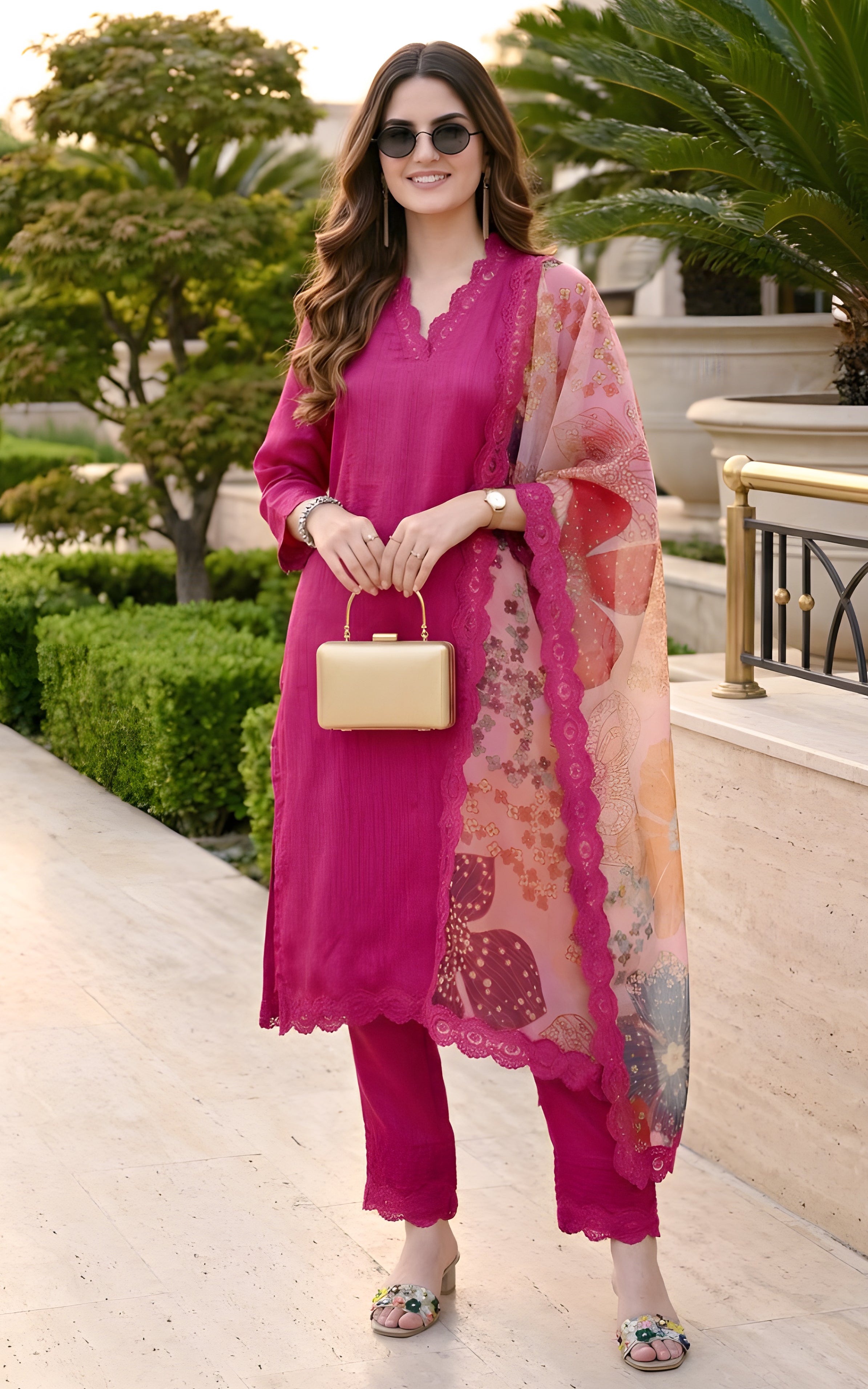 Pink Lace-work Kurta Set with Organza Dupatta