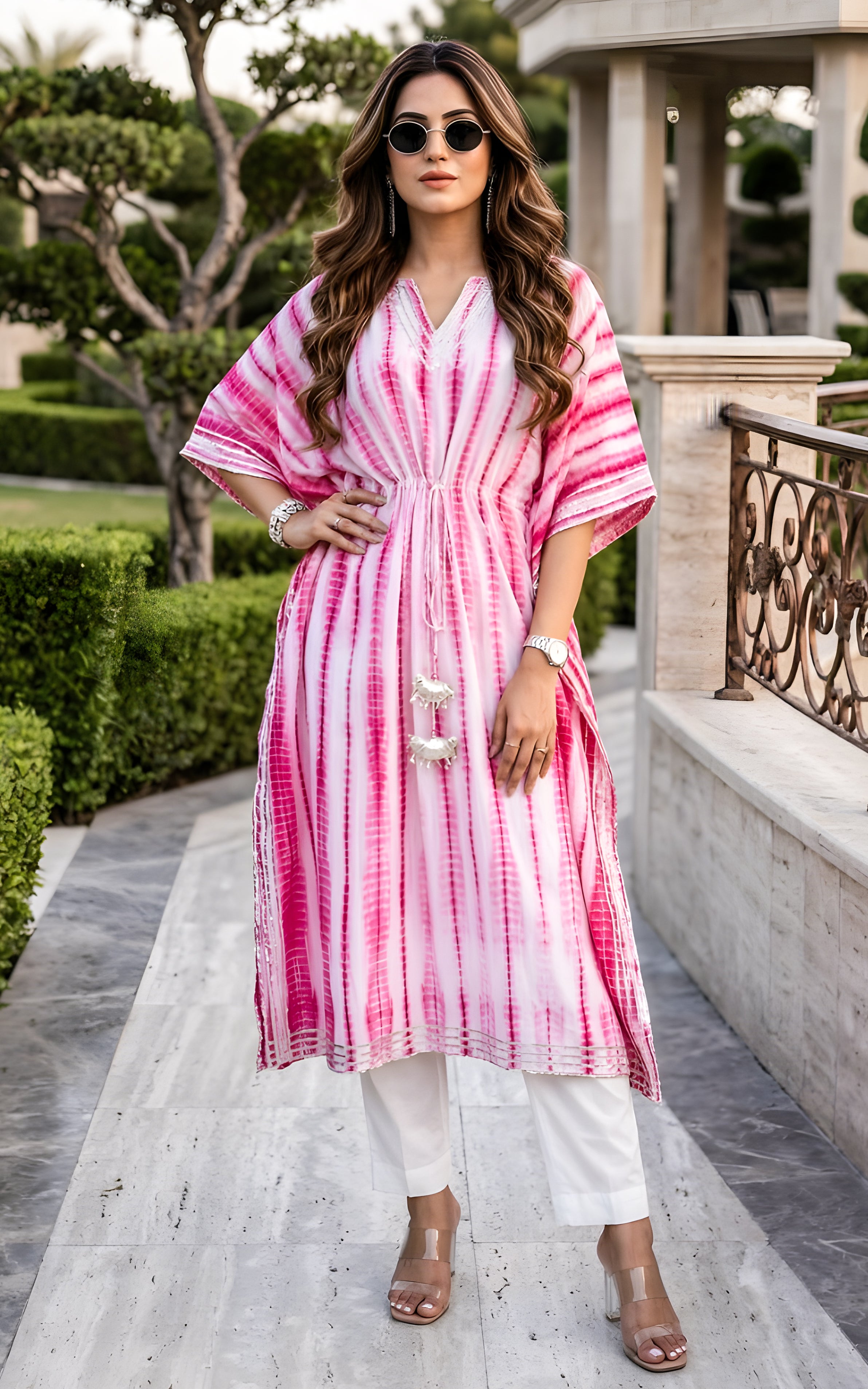 Hot Pink Shibori Kaftan & Pant Set