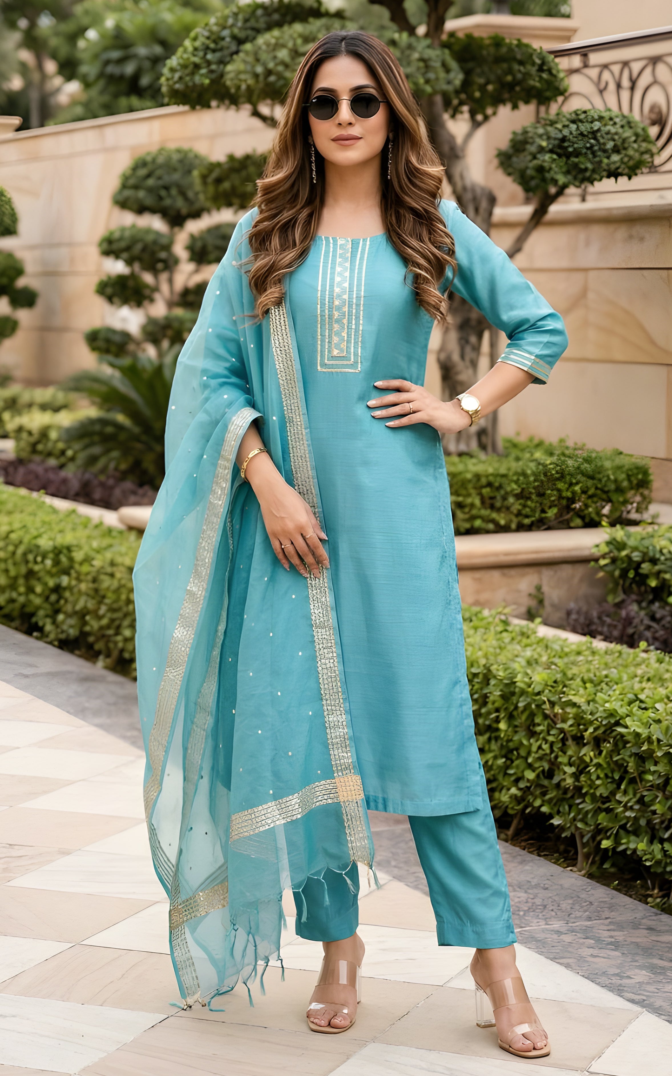 Deepa Jade Blue Kurta Set with Mirror-work Organza Dupatta