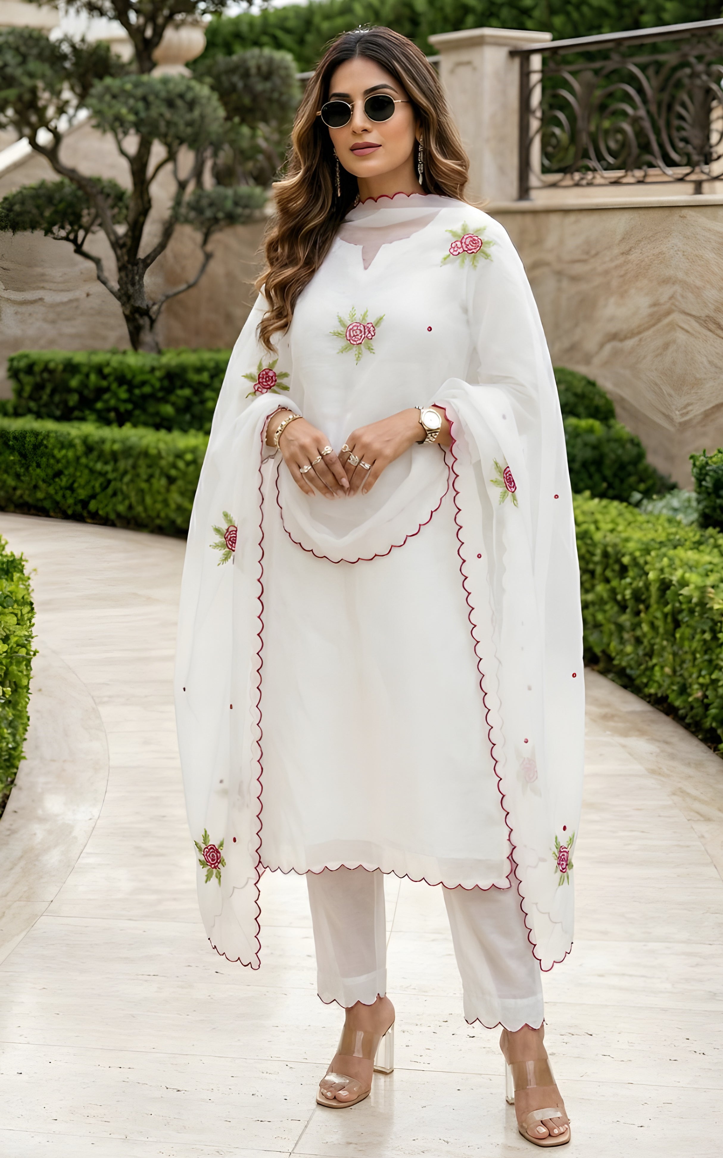 White Cotton Kurta Set with Embroidered Organza Dupatta