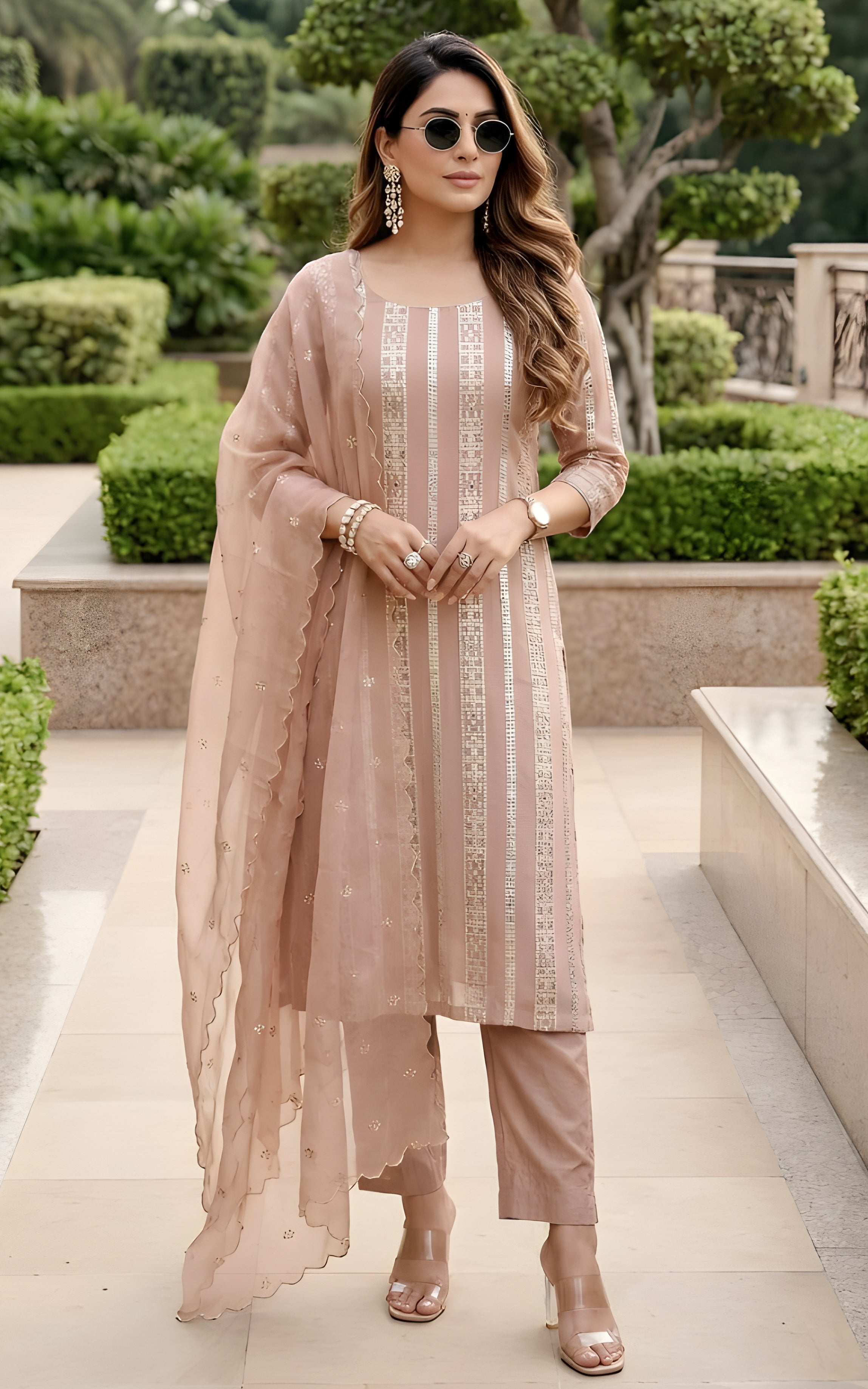 Walnut Sequin Kurta Pant Set with Organza Dupatta