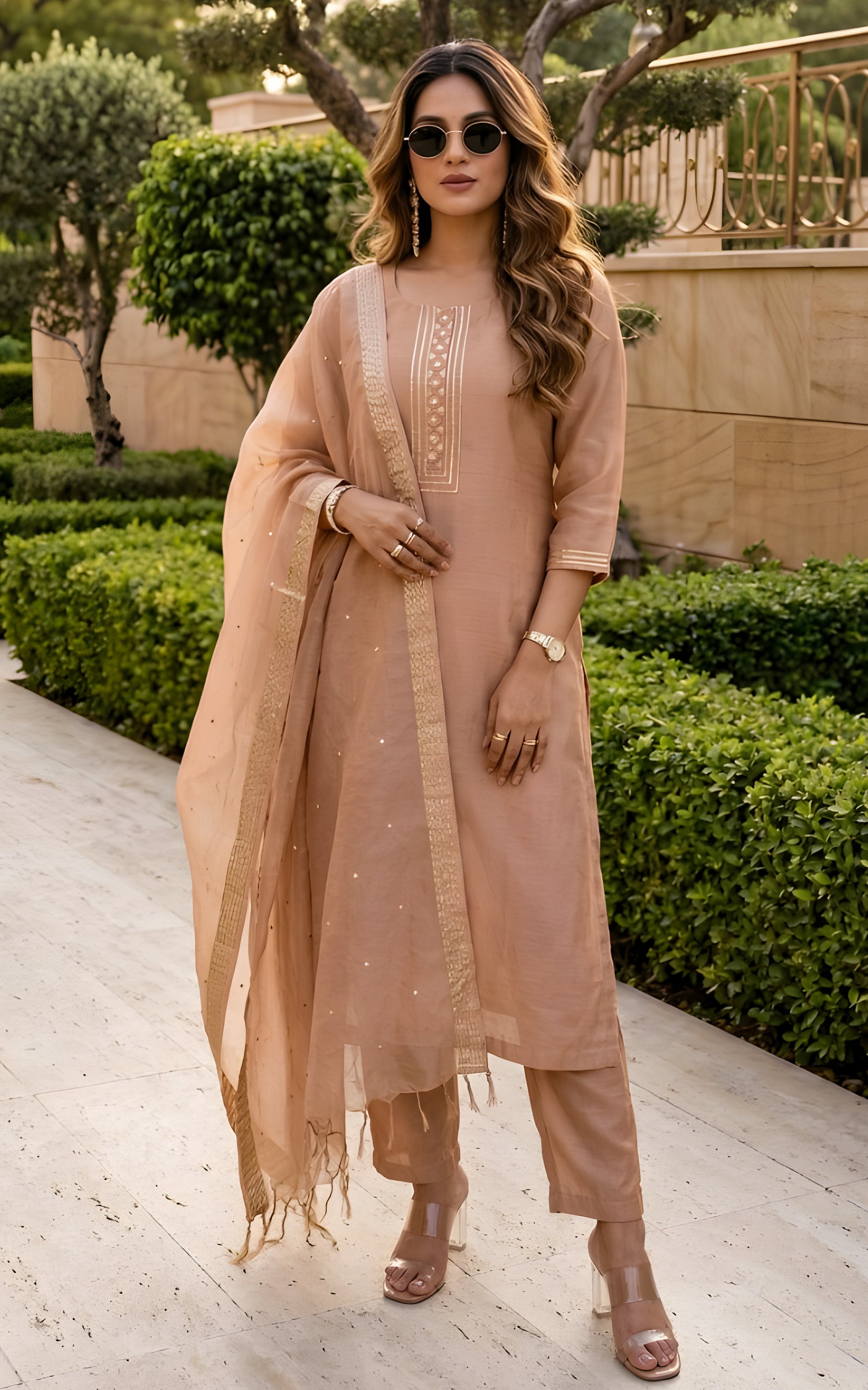 Sandy Brown Kurta Set with Mirror-work Organza Dupatta