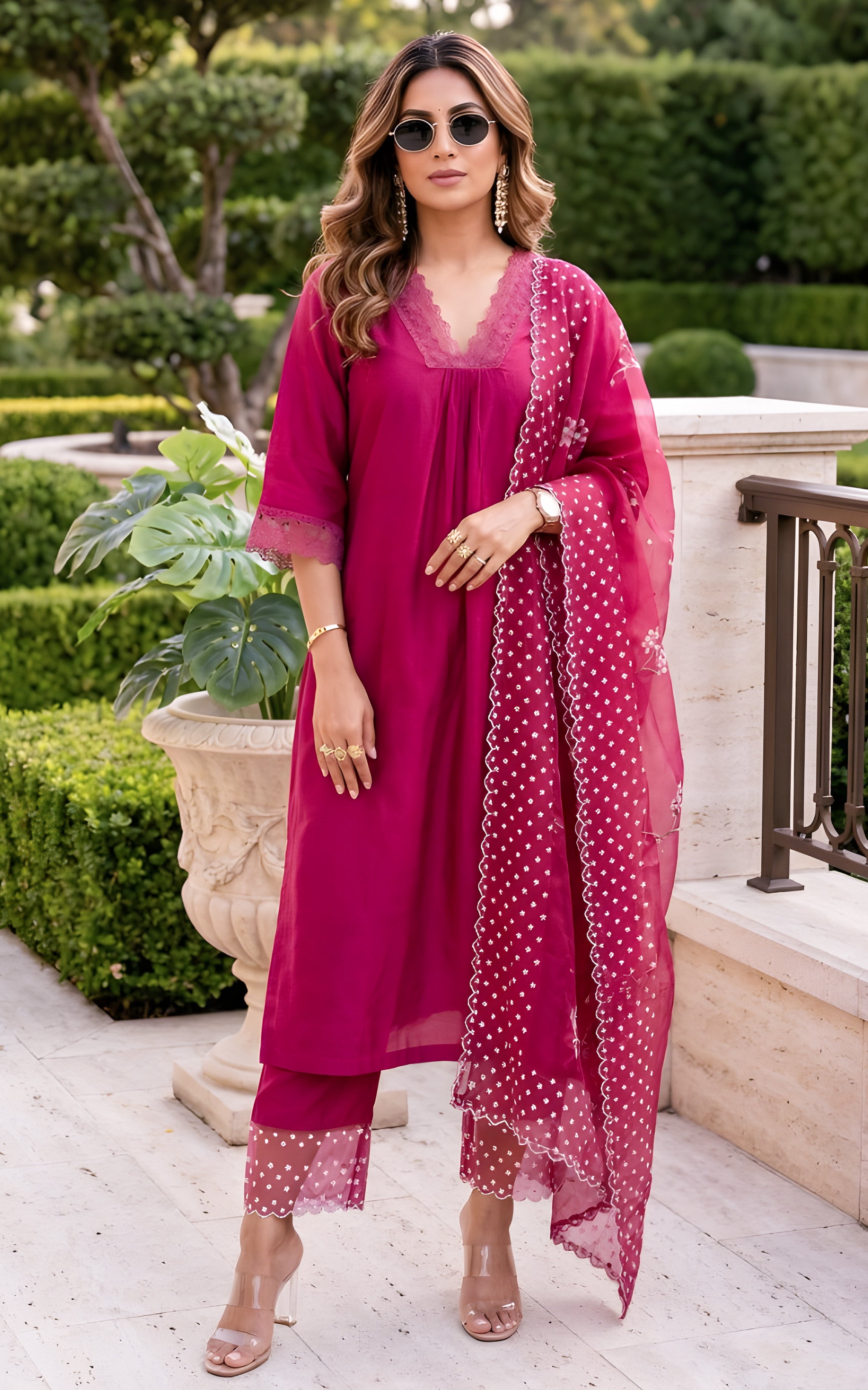 Wine Kurta Pant Set With Handpainted Organza Dupatta