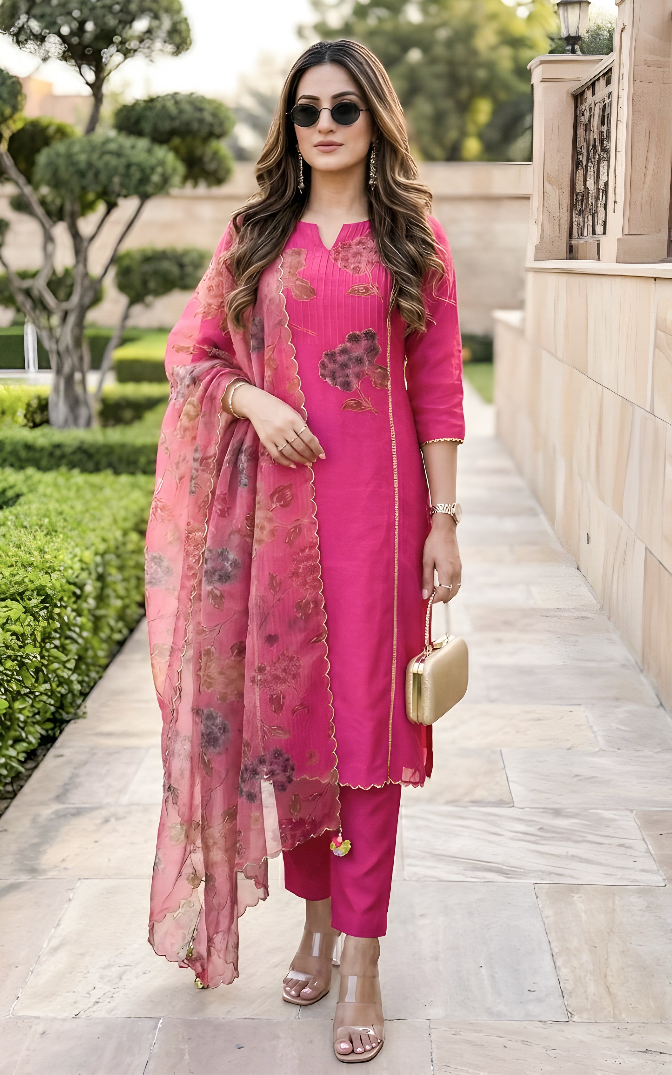 Hot Pink Silk Chanderi Kurta Set with Organza Dupatta