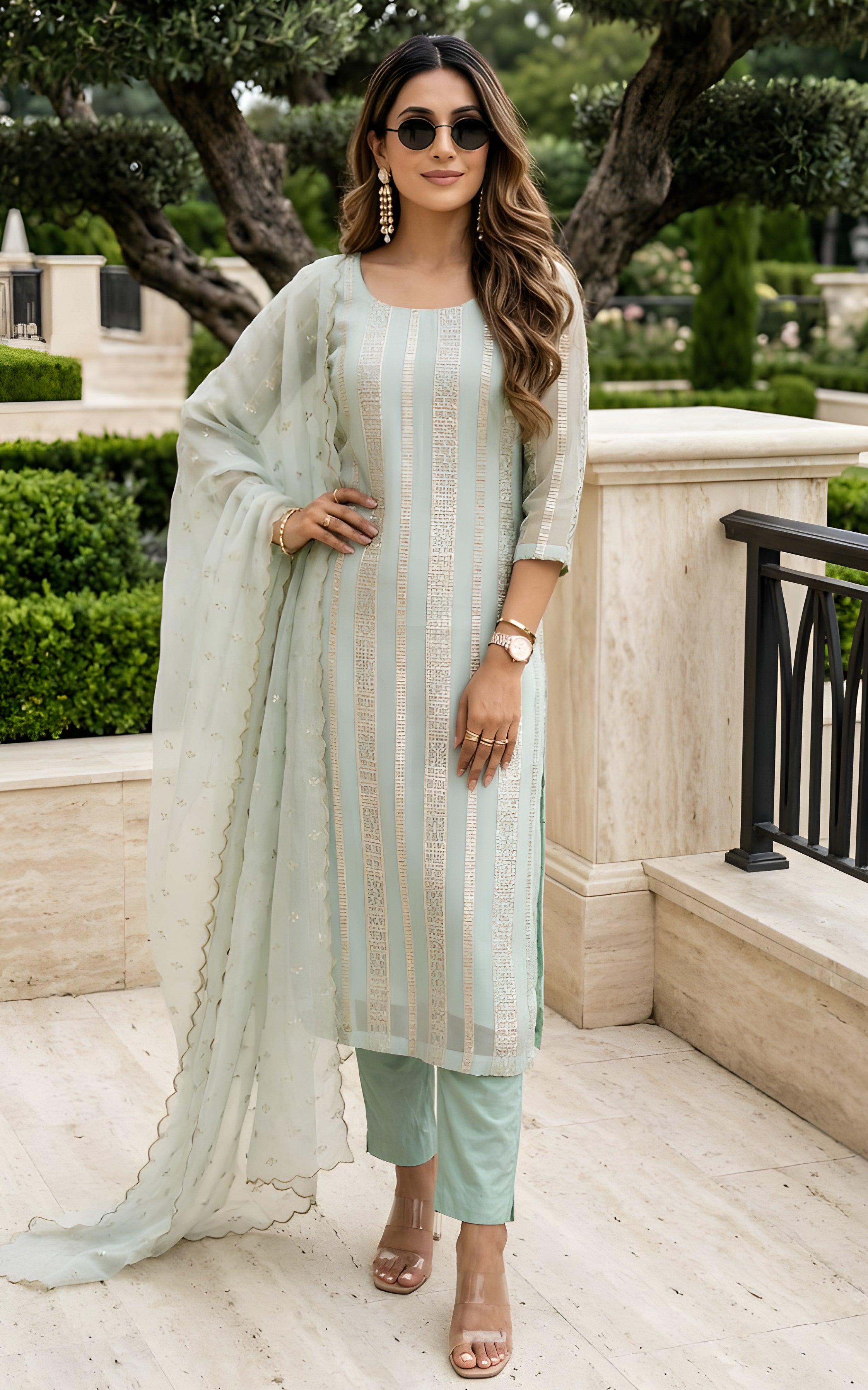 Sea Green Kurta Pant Set with Organza Dupatta