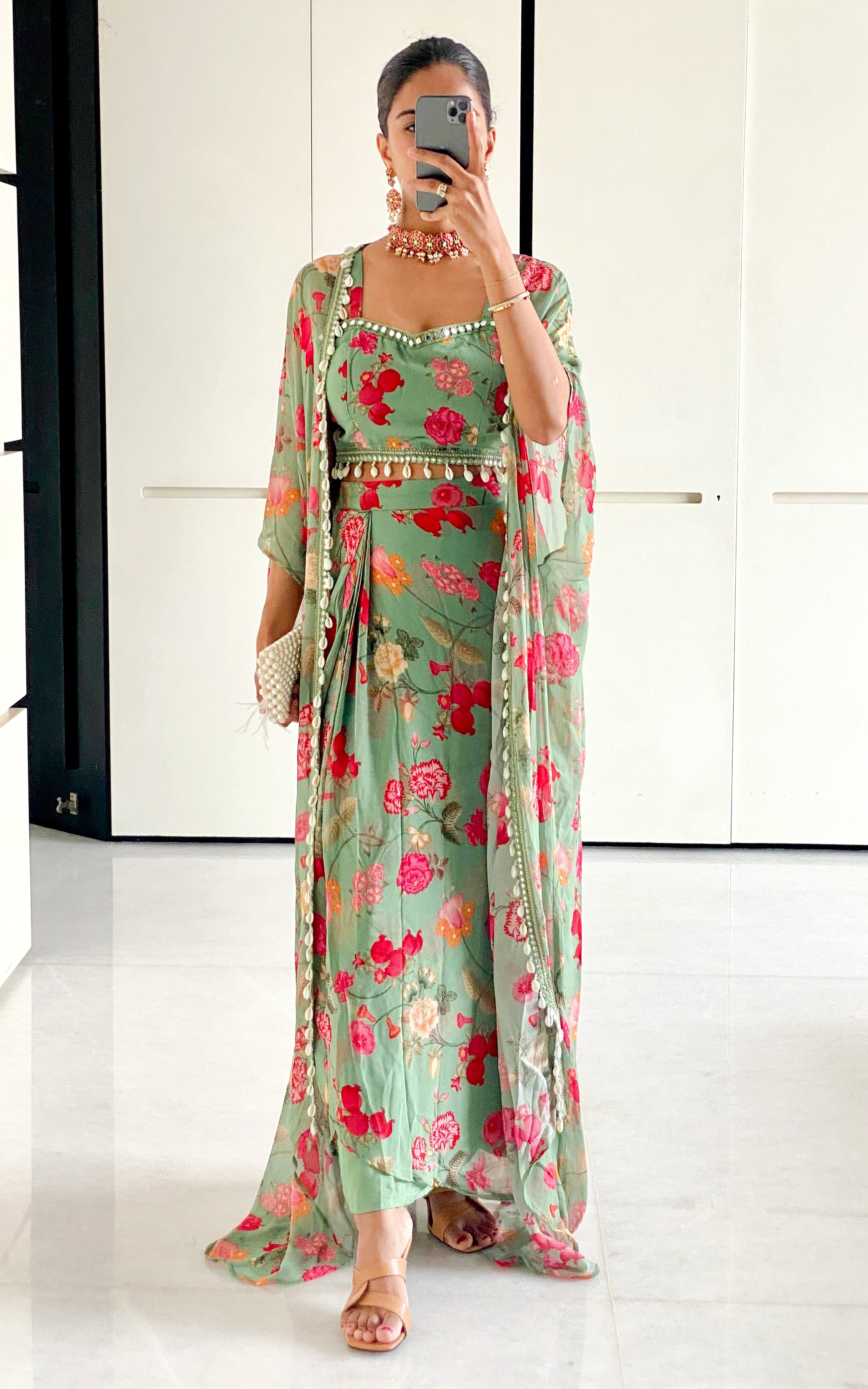 Sonal Forest Green Georgette Crop Top & Draped Skirt Co-ord Set