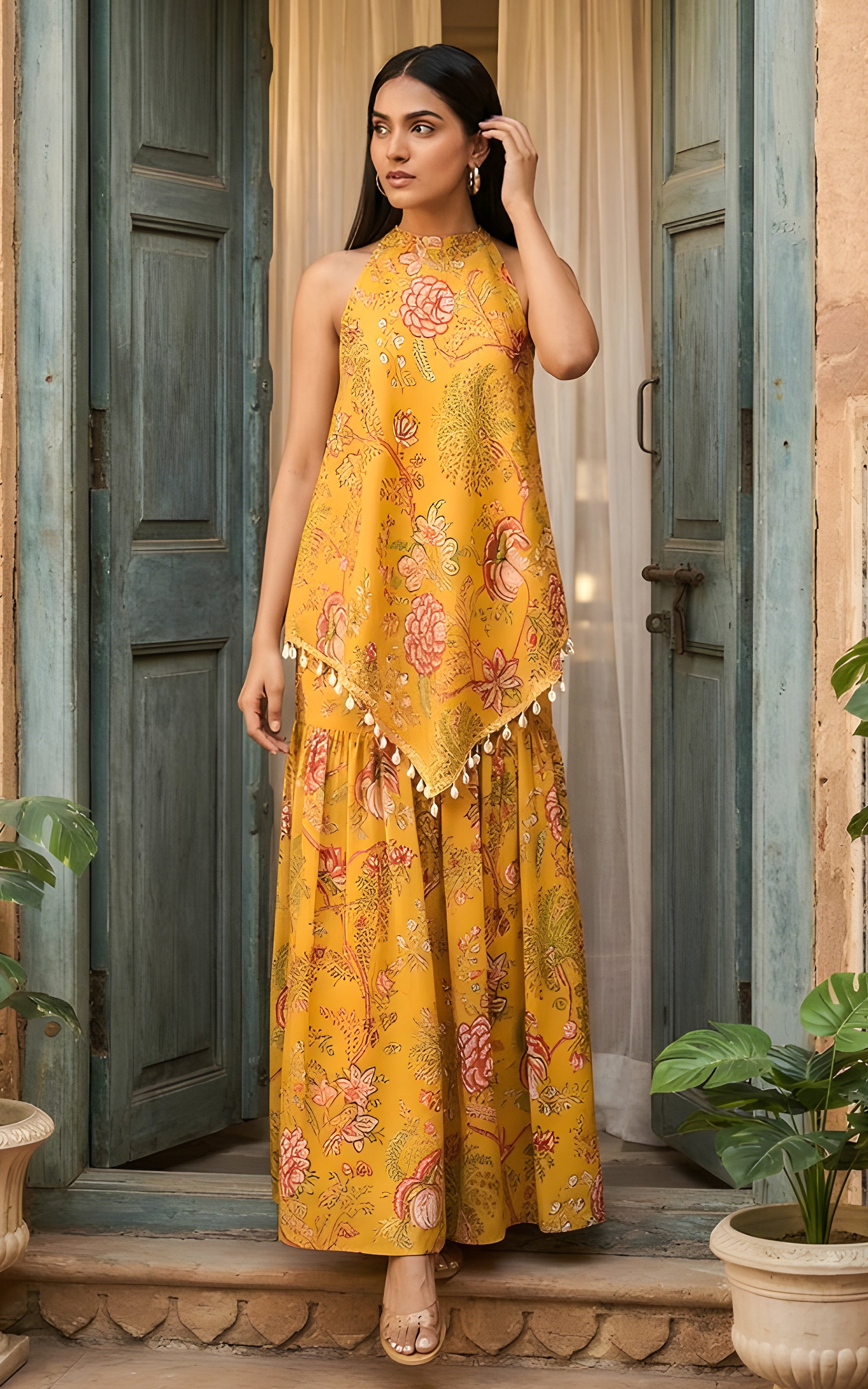 Mustard Floral Tunic & Sharara Co-ord Set