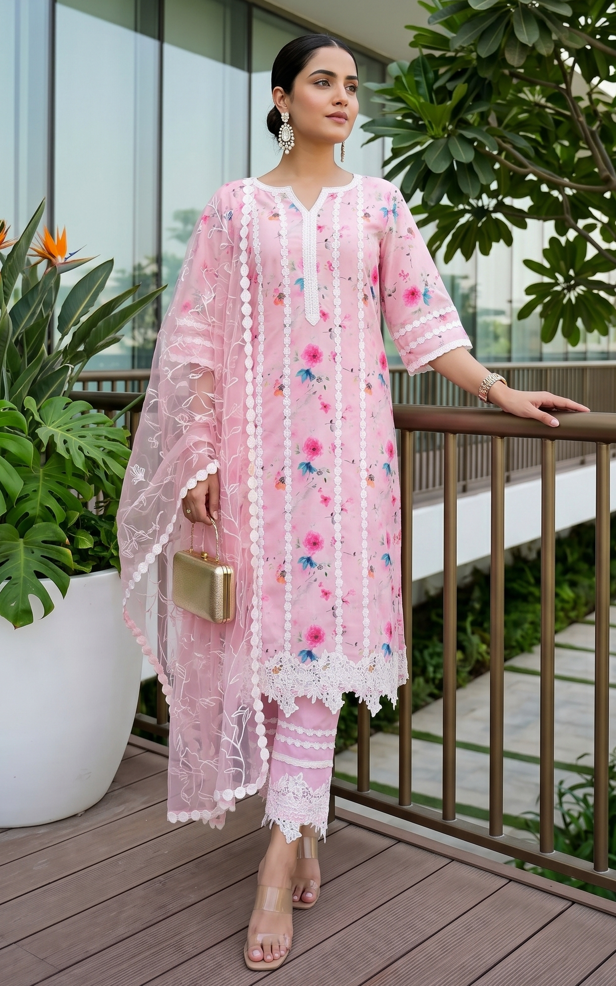 Light Pink Floral Cotton Linen Kurta Pant Set
