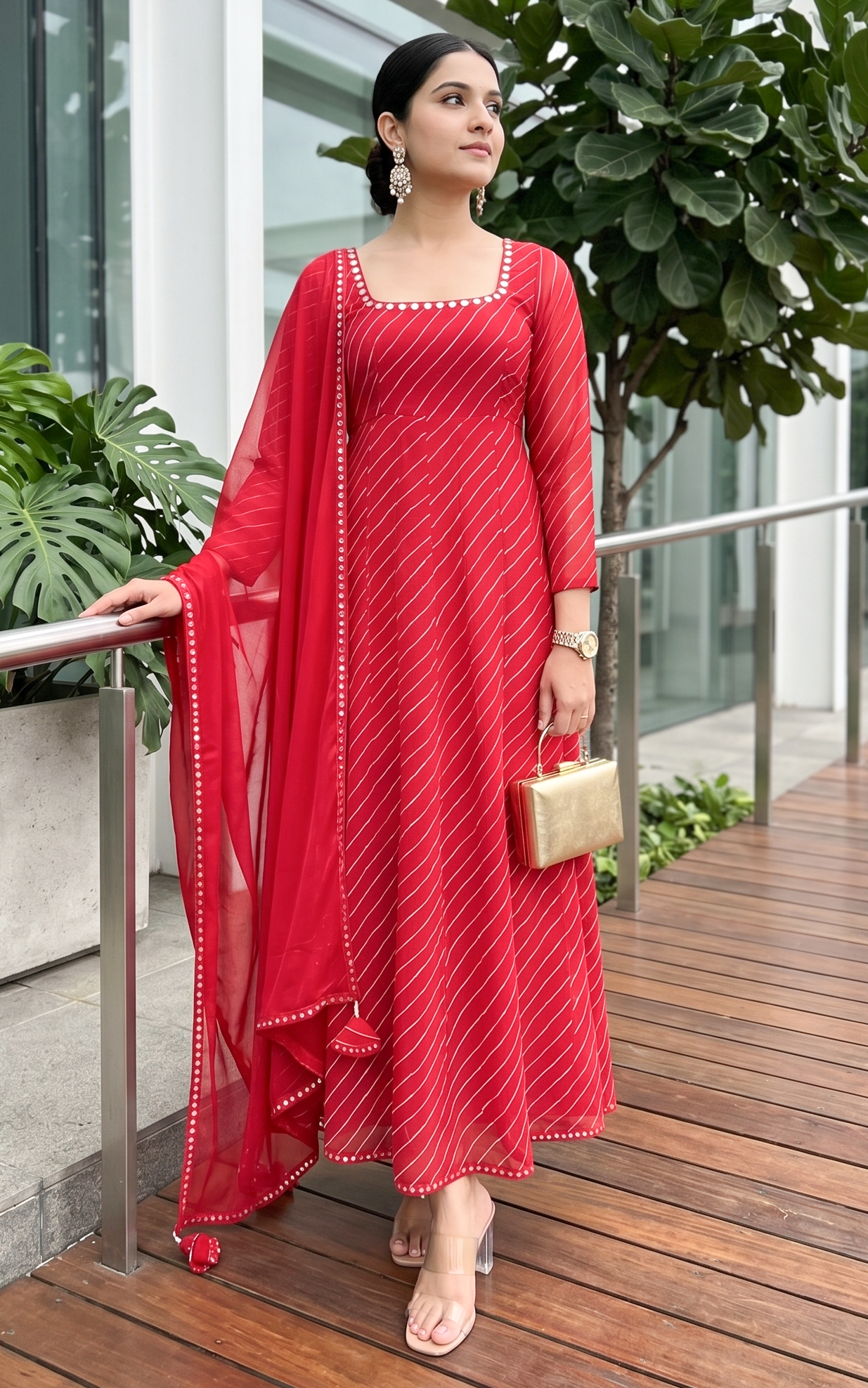 Red Mirrorwork Leheriya Georgette Anarkali