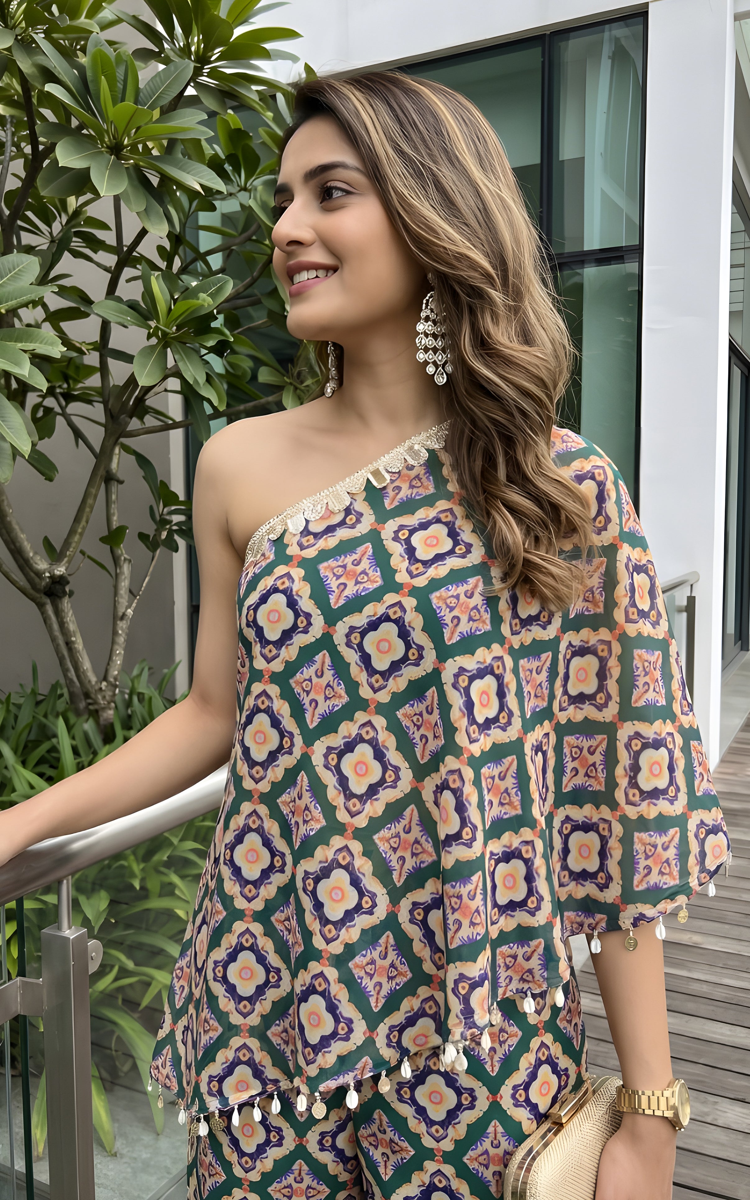 Forest Green Geometric One-Shoulder Co-Ord Set