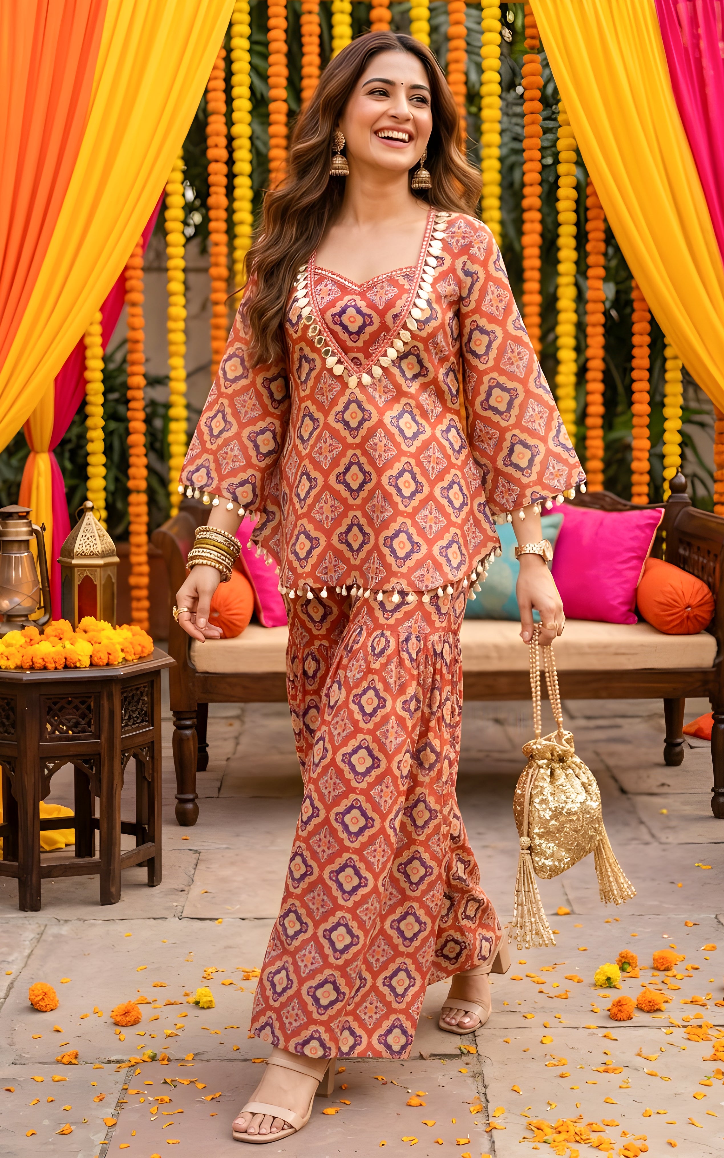 Brick Red Geometric Print Kurti Crop-top Sharara Set