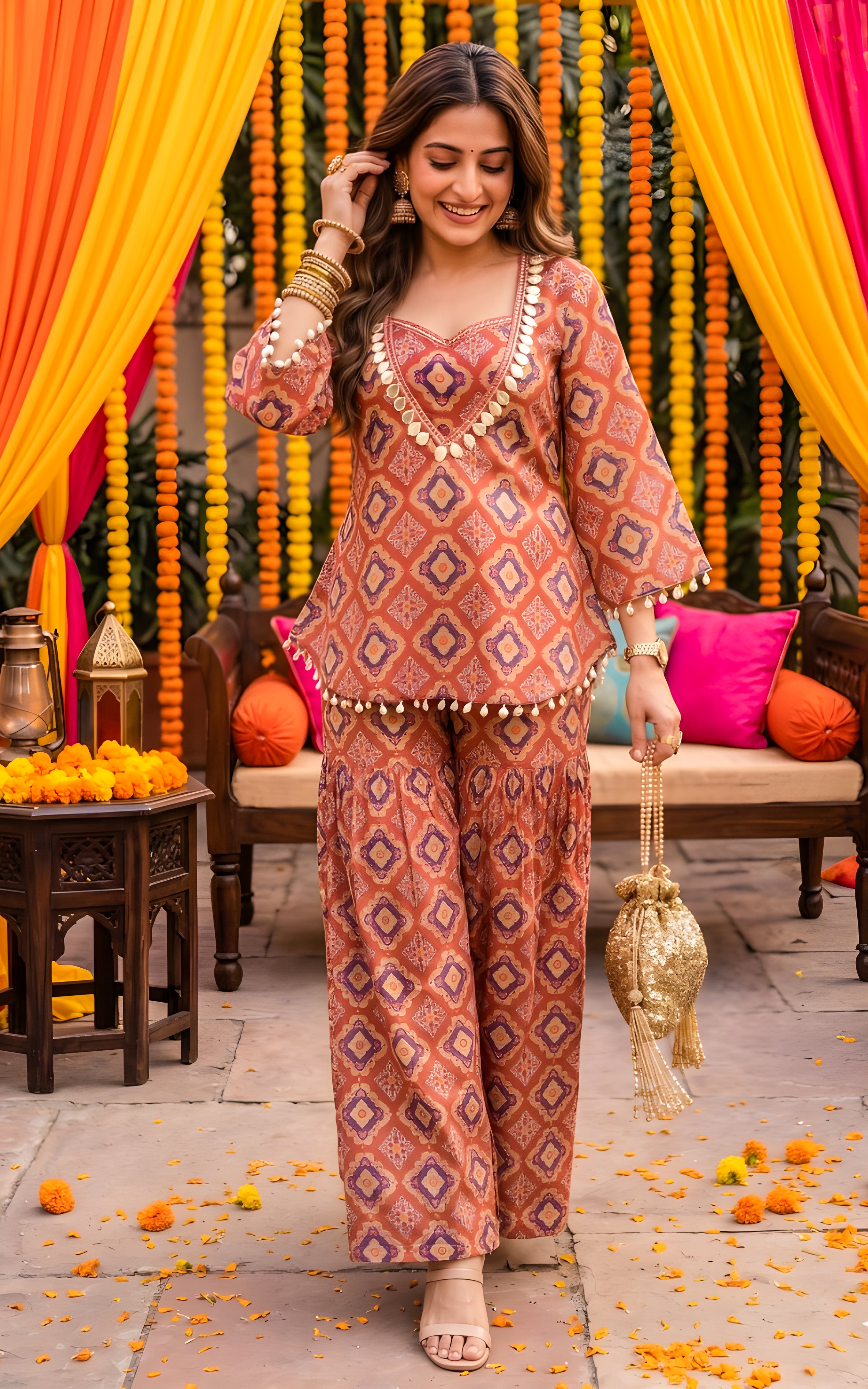 Brick Red Geometric Print Kurti Crop-top Sharara Set