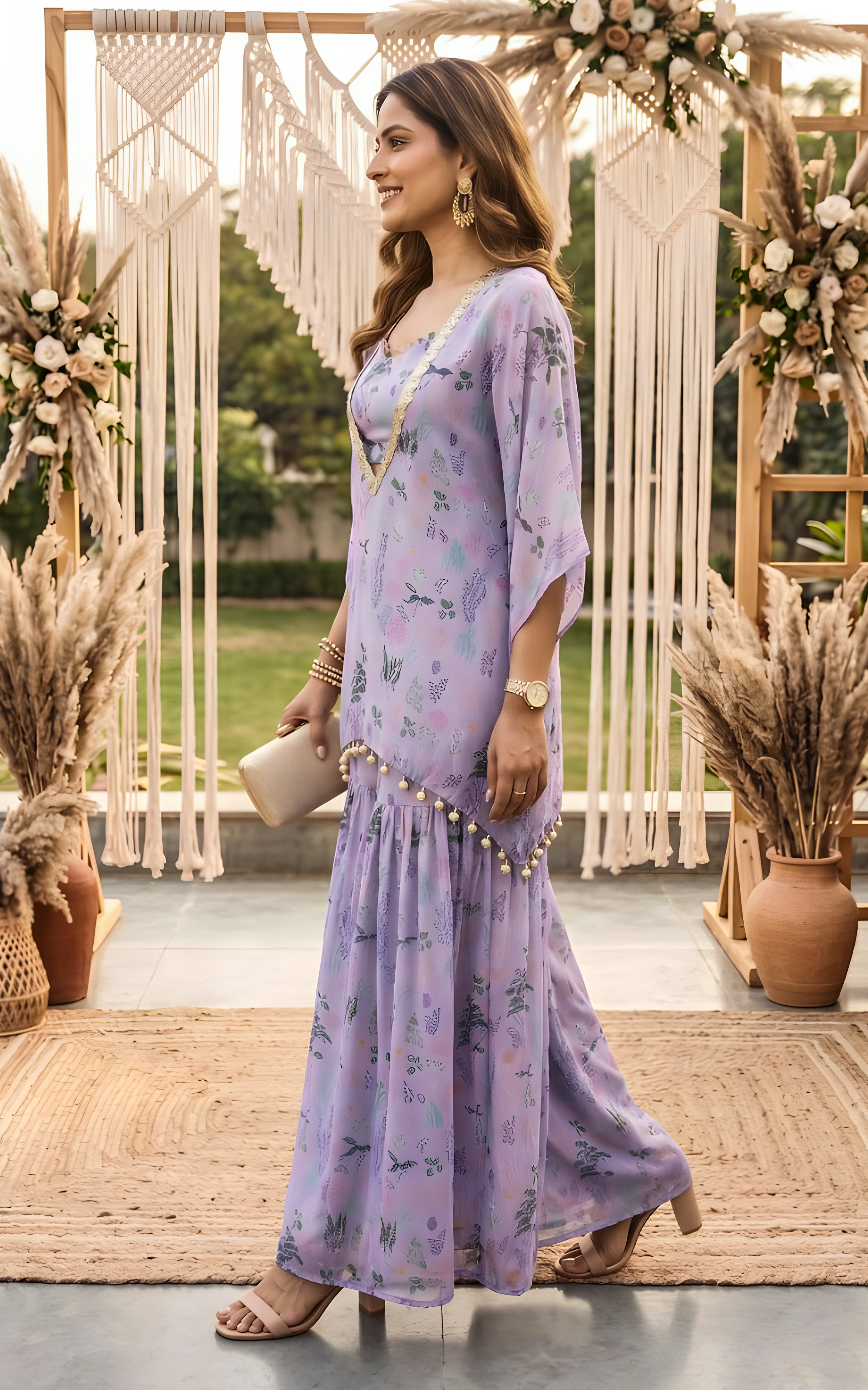 Lilac Aquatic Print Croptop and Sharara Set