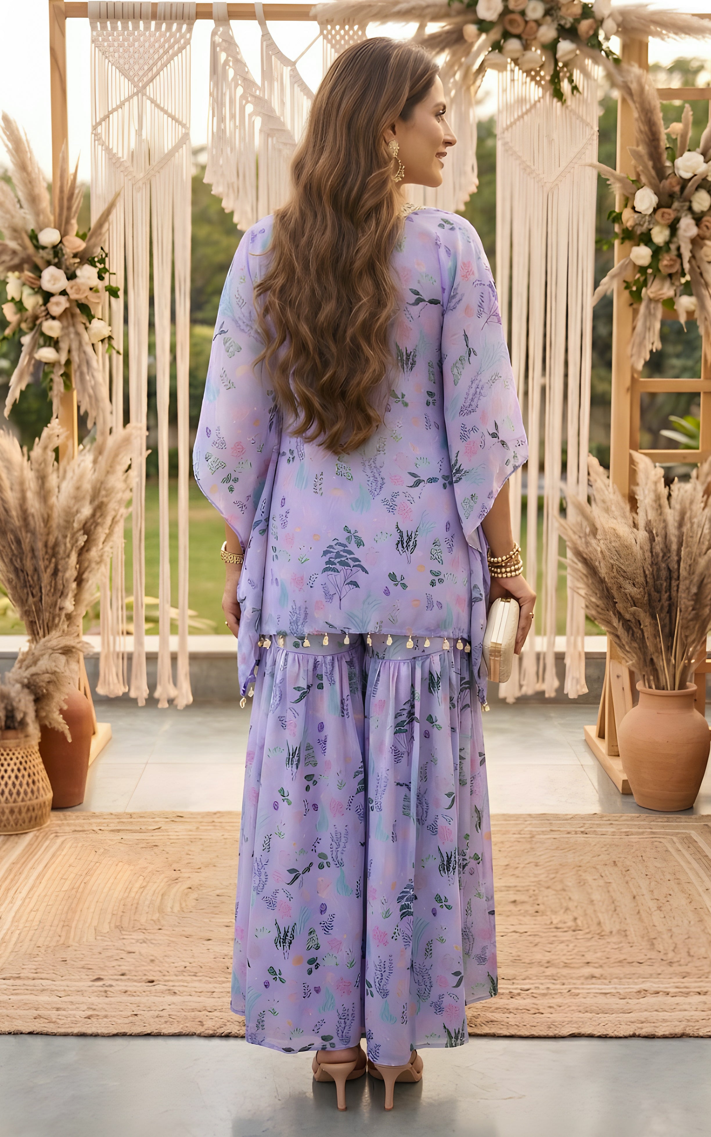 Lilac Aquatic Print Croptop and Sharara Set