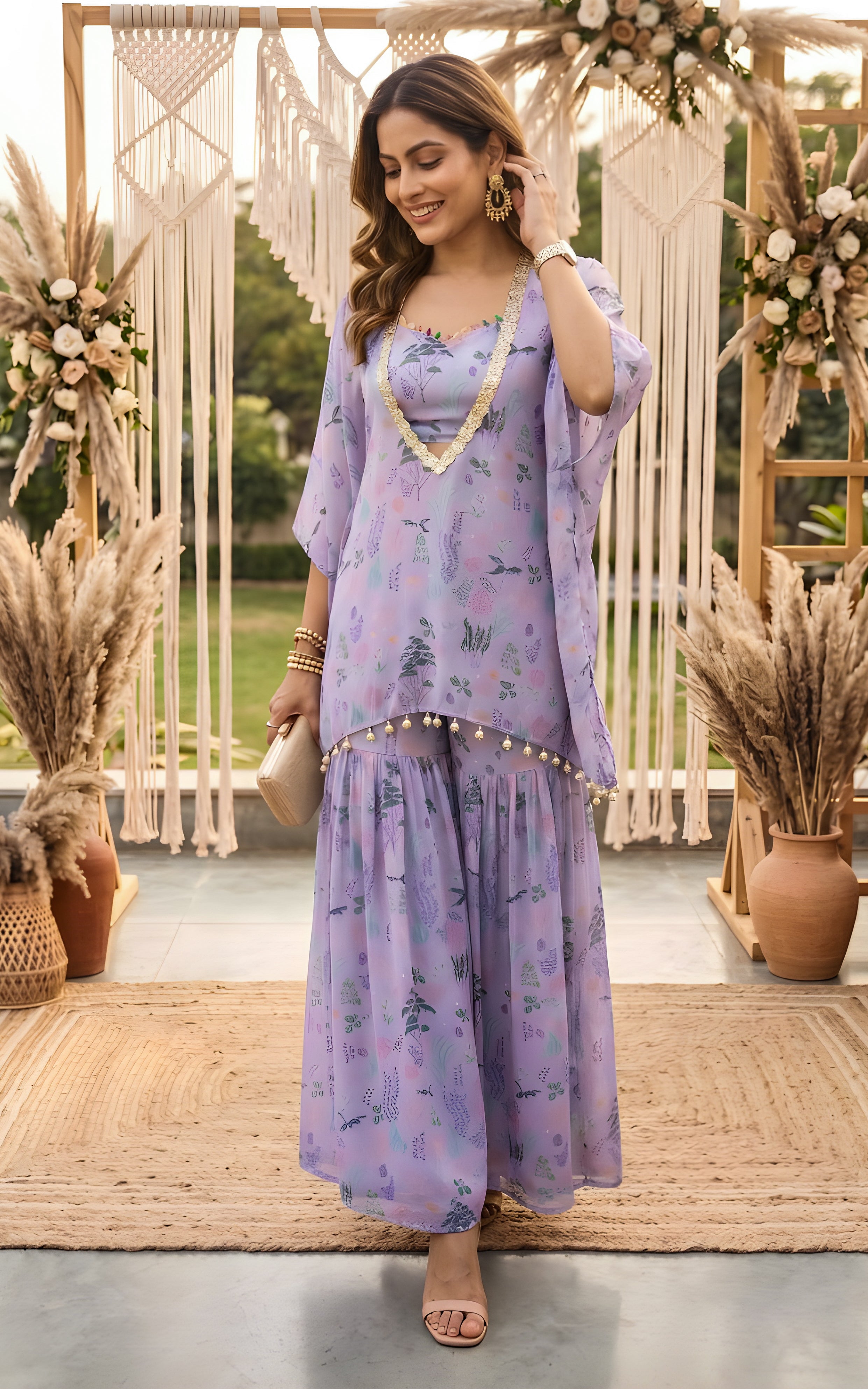 Lilac Aquatic Print Croptop and Sharara Set