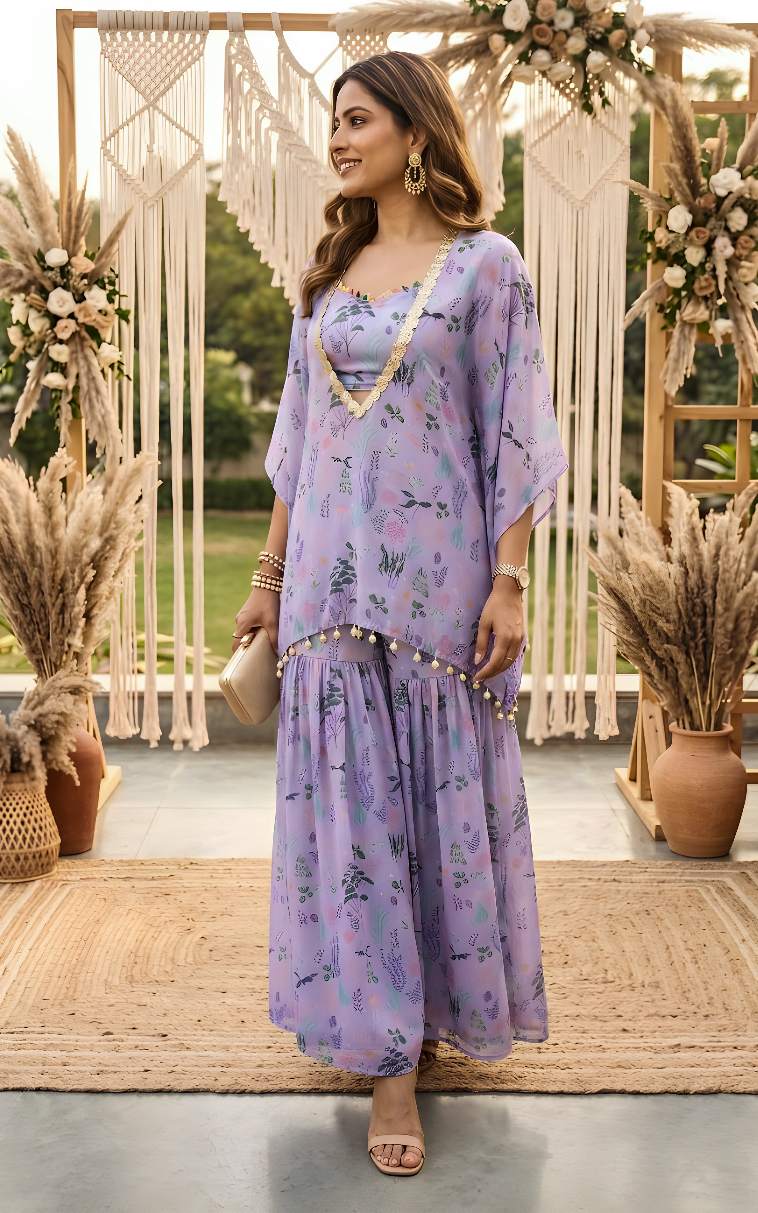 Lilac Aquatic Print Croptop and Sharara Set