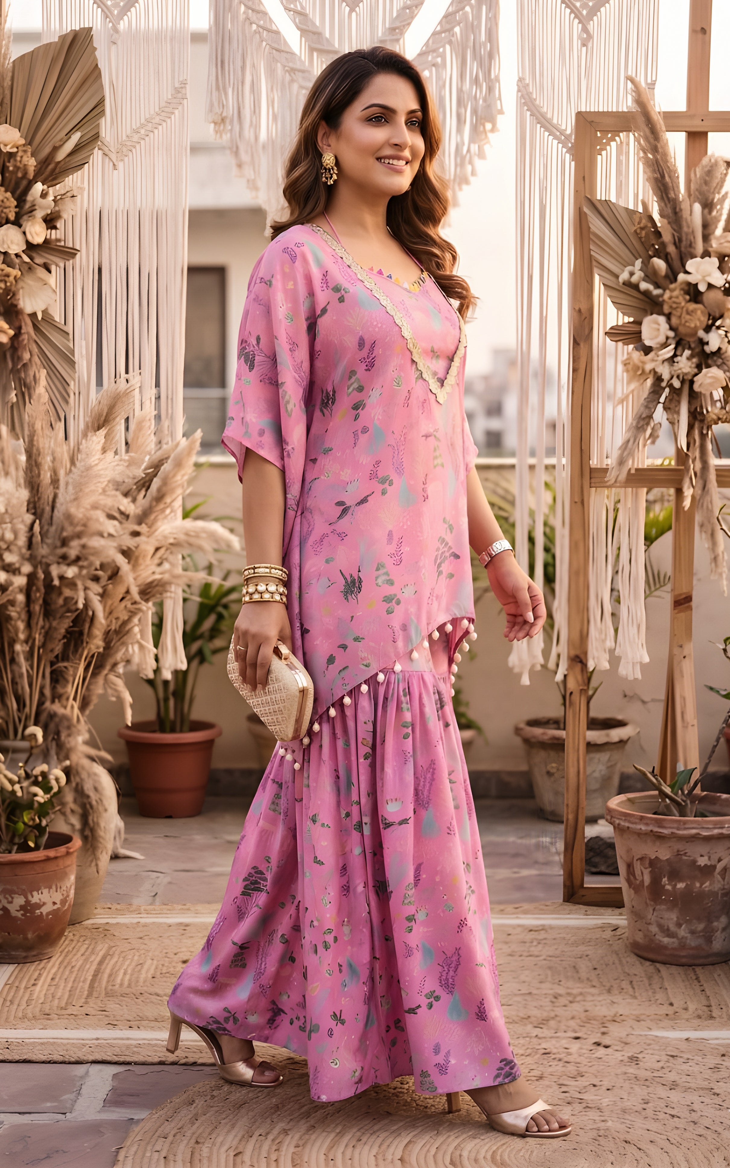 Pink Aqutic Print Crop Top and Sharara Set